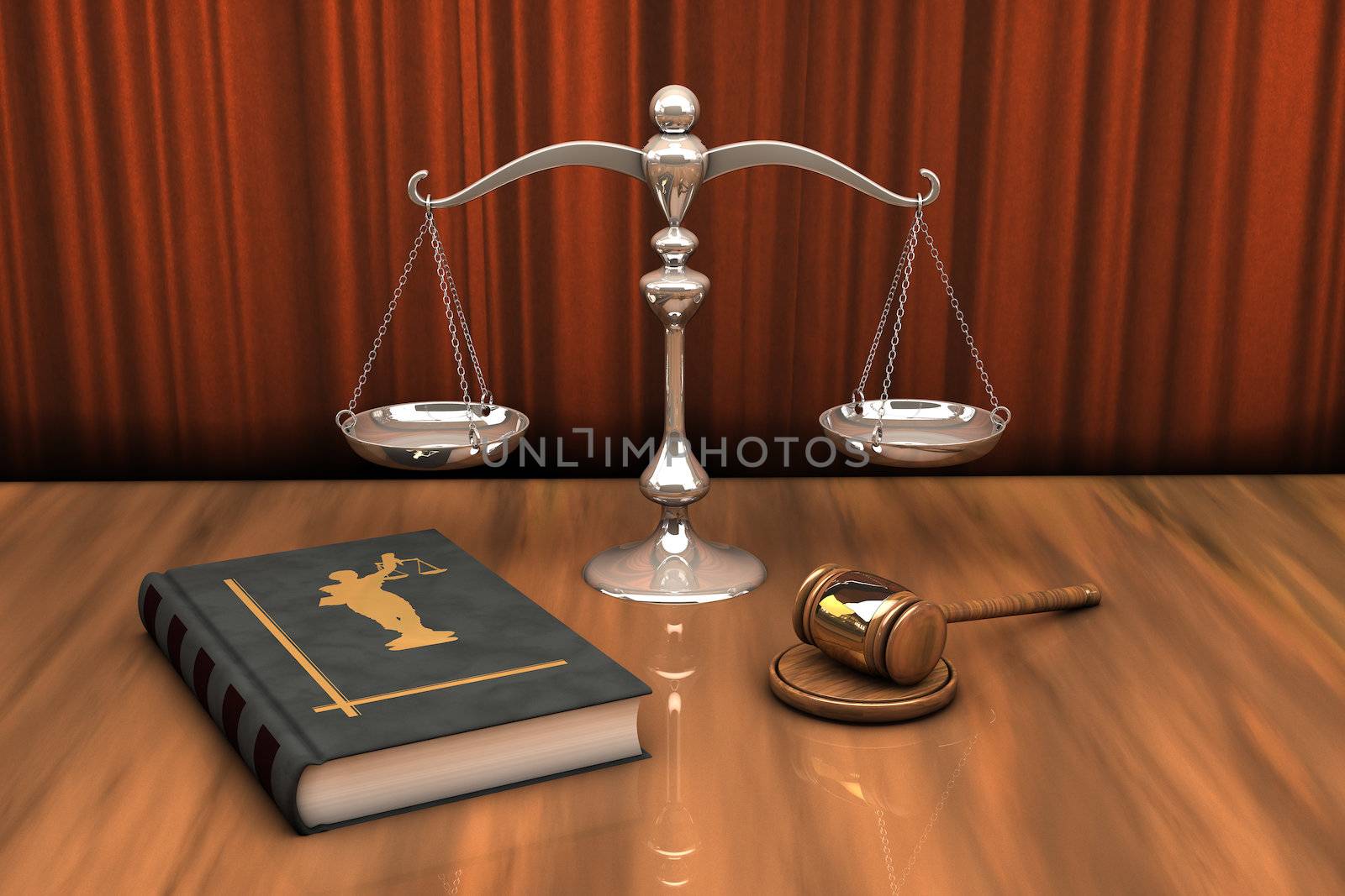 High resolution illustration of attributes of justice: gavel, scale and law book on the table