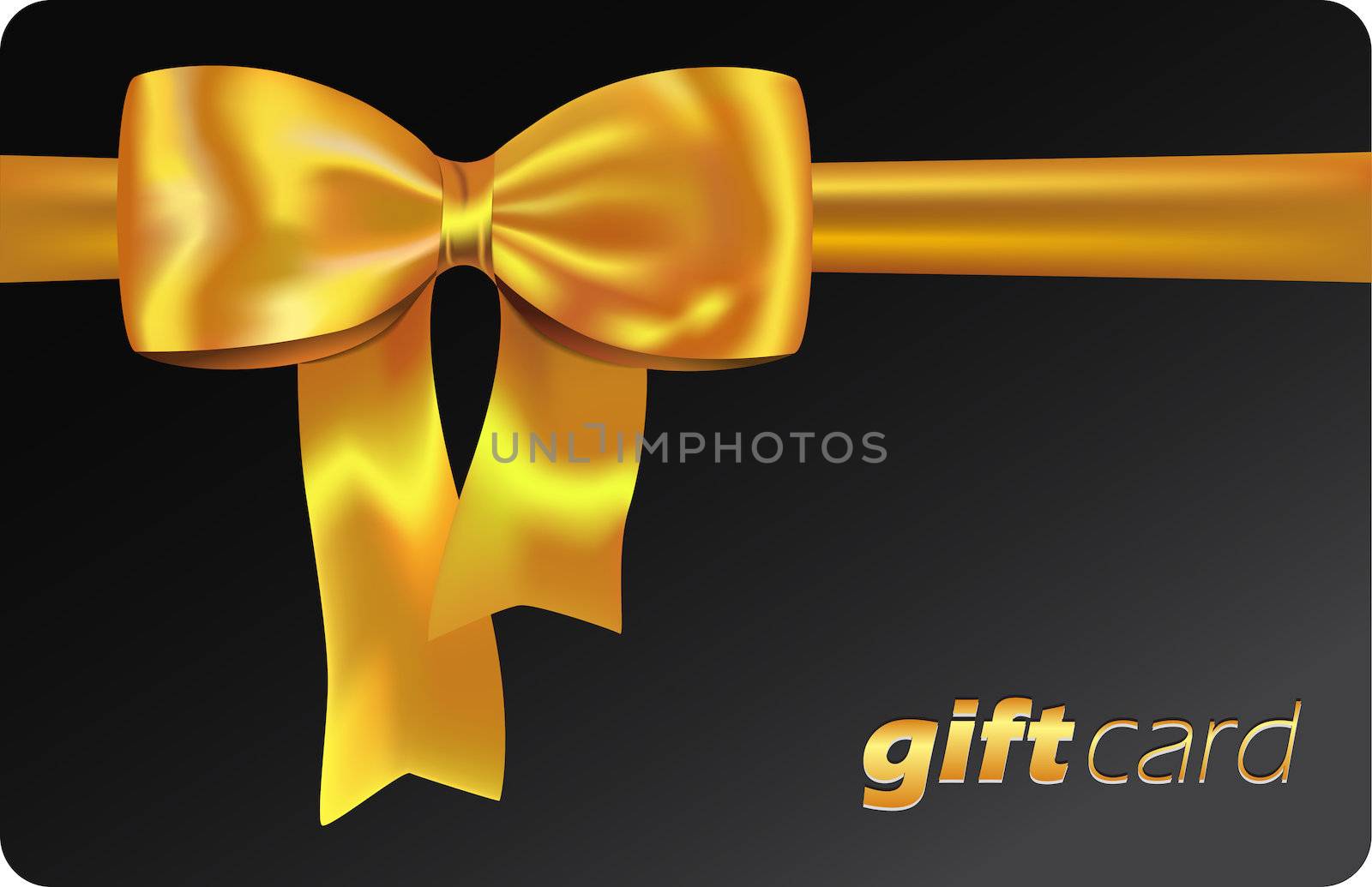 Black gift card with golden ribbon and bow. Vector illustration