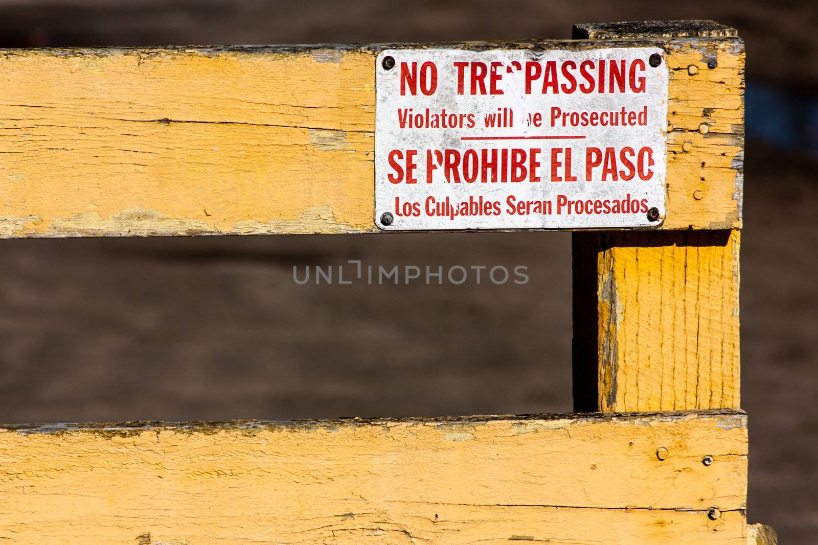 Worn No Tresspassing, Violators will be Prosecuted in English and Spanish