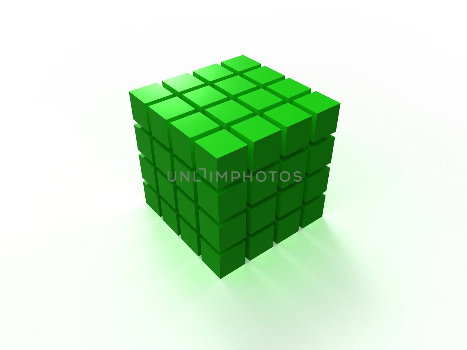 4x4 green ordered cube assembling from blocks isolated on white background
