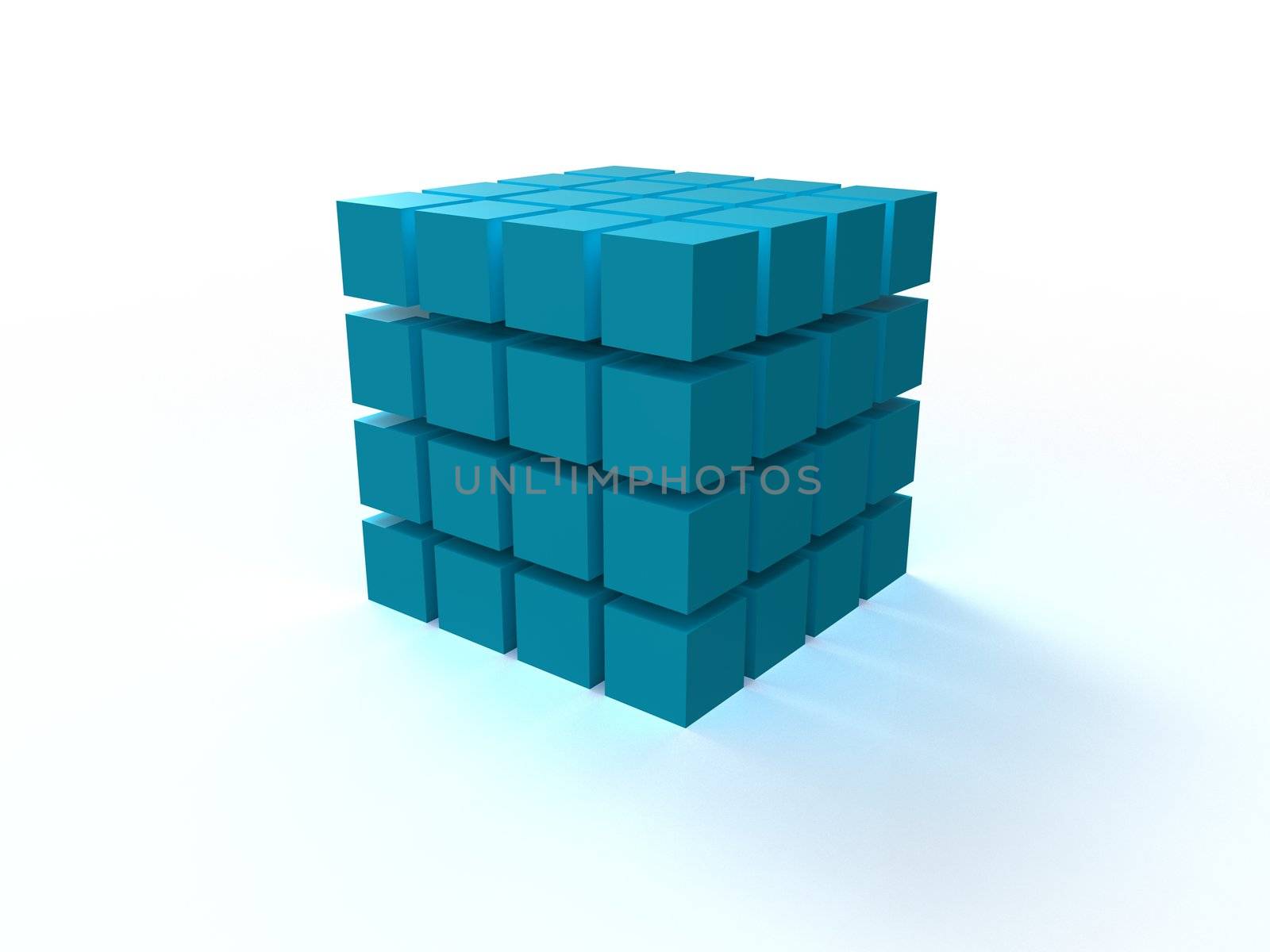 4x4 blue ordered cube assembling from blocks isolated on white background by vermicule