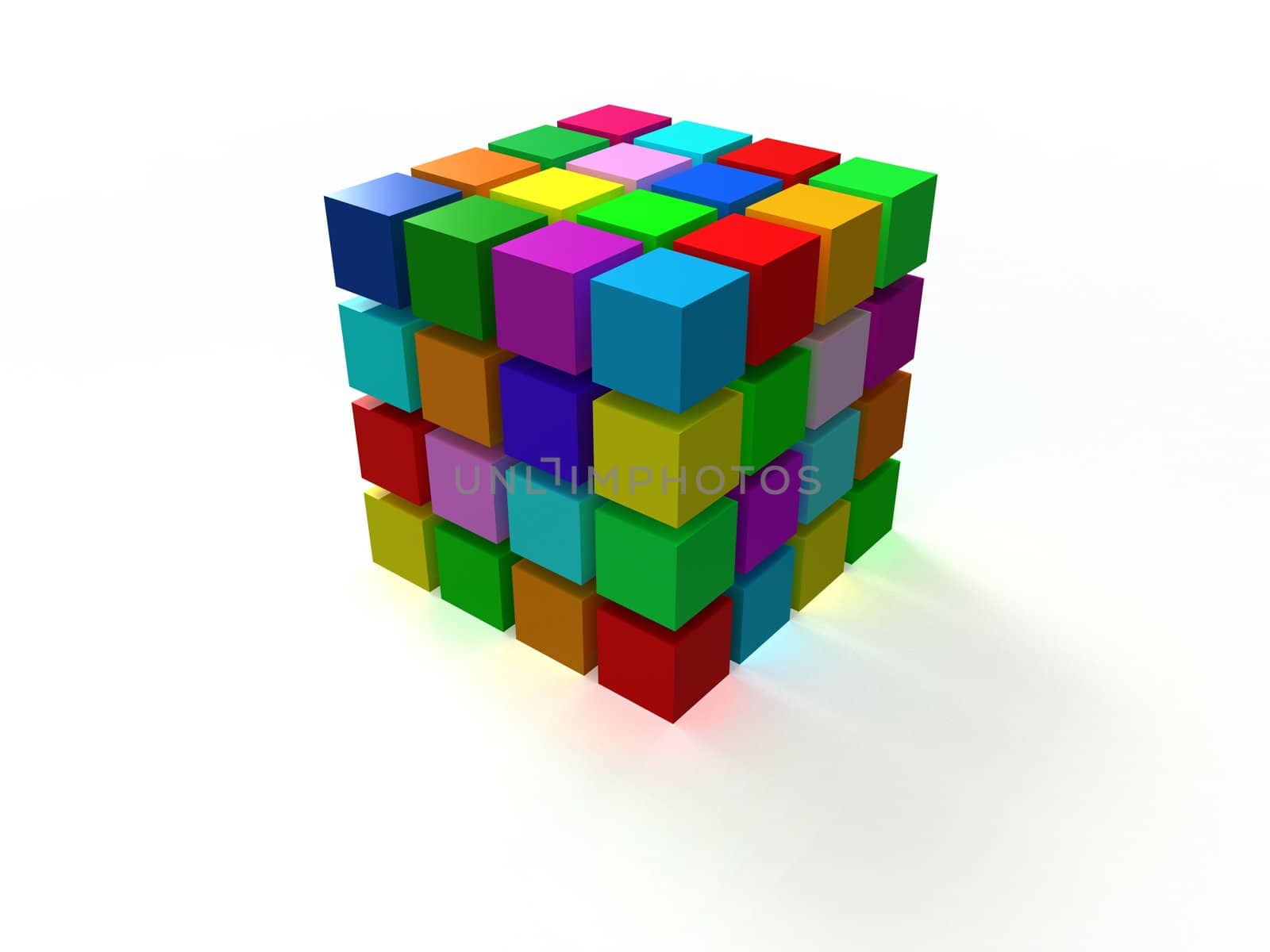 4x4 colorful ordered cube assembling from blocks isolated on white background by vermicule