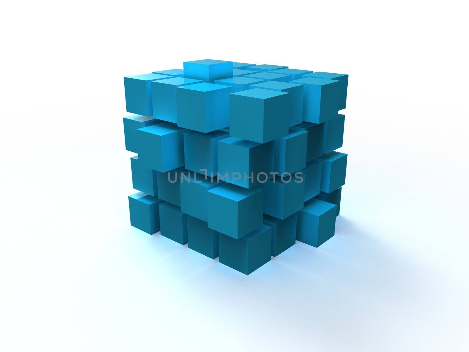 4x4 blue disordered cube assembling from blocks isolated on white background by vermicule