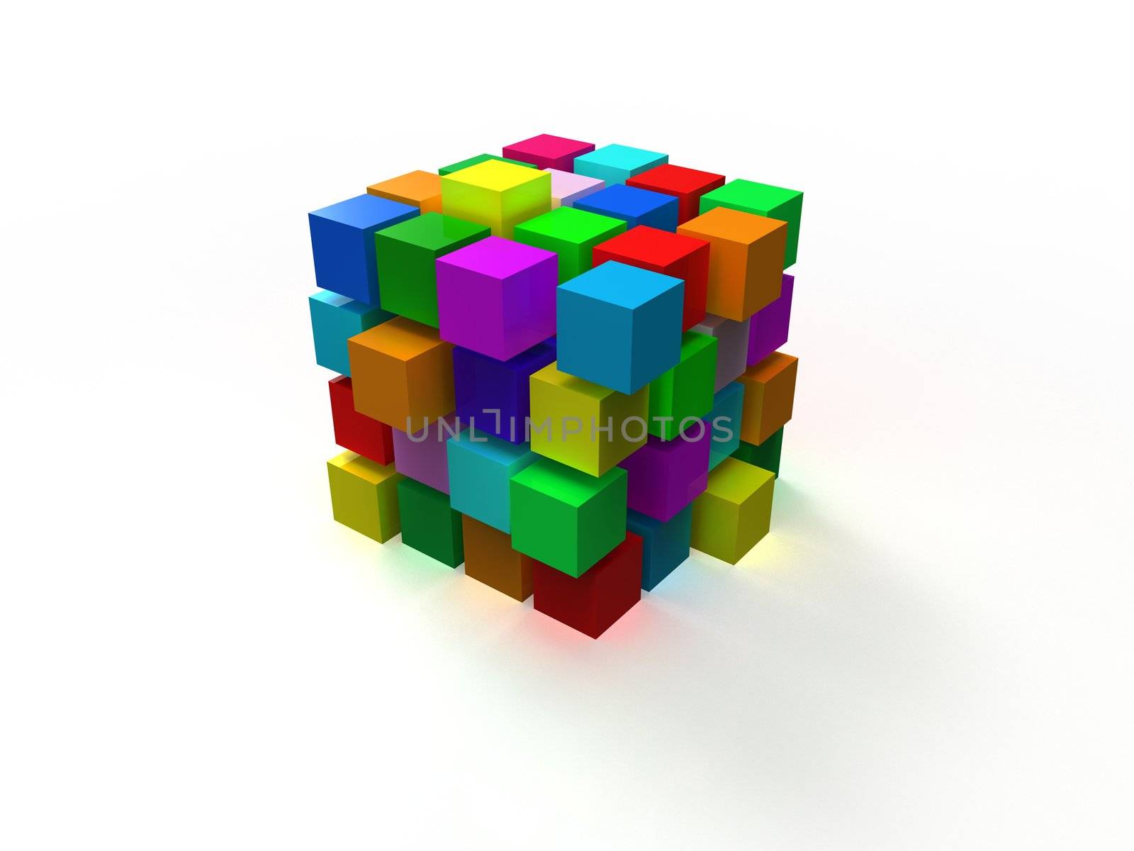 4x4 colorful disordered cube assembling from blocks isolated on white background