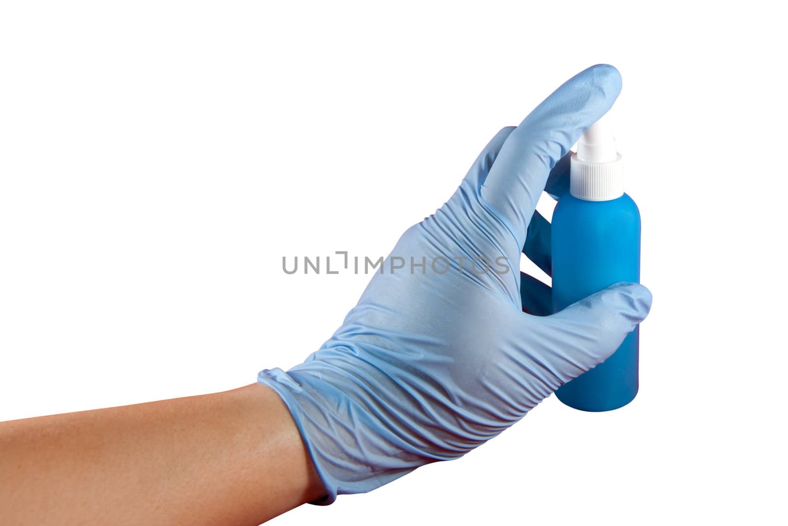 Hand with glove pressing spray can isolated on white with clipping path