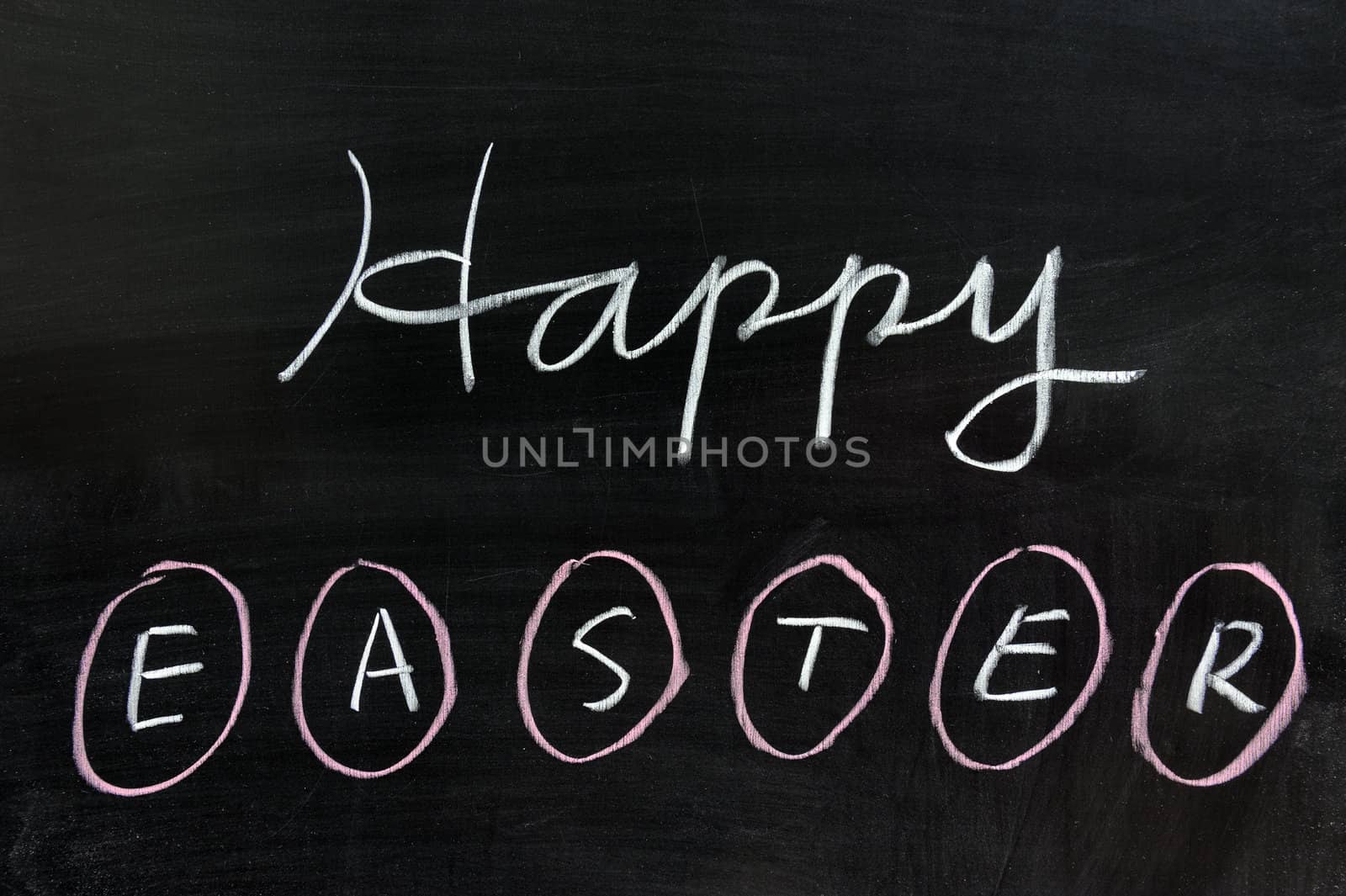 Happy easter words written on chalkboard