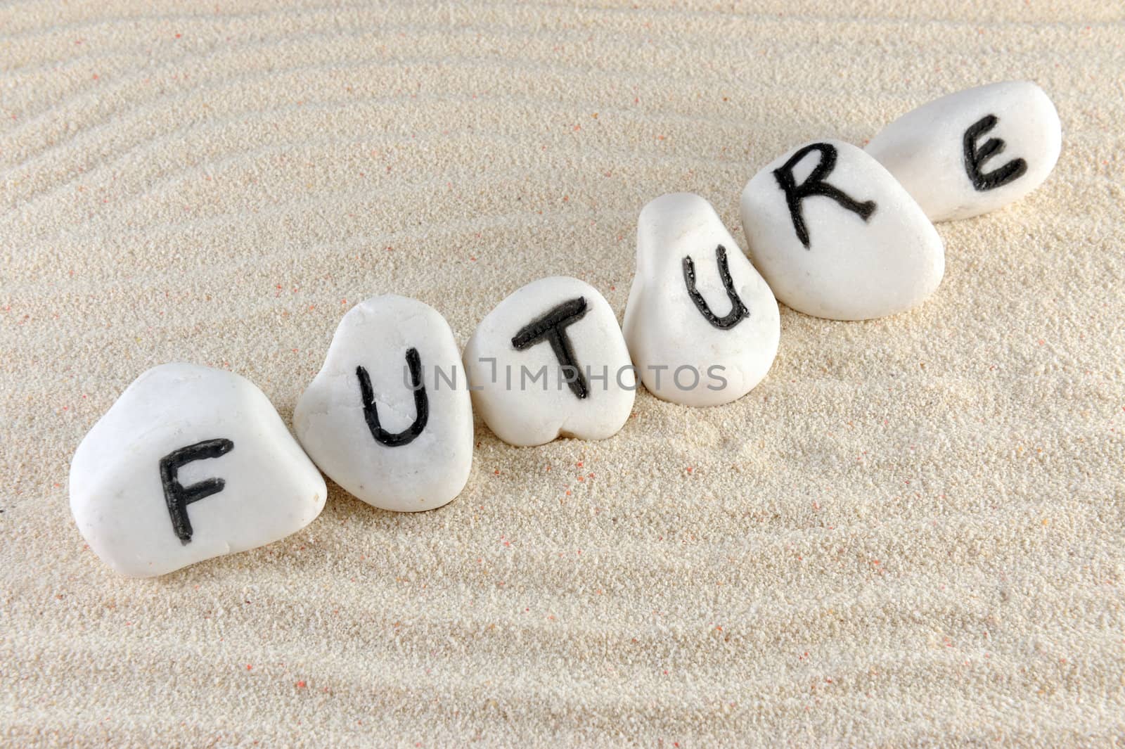 Future word on group of stones on the sand