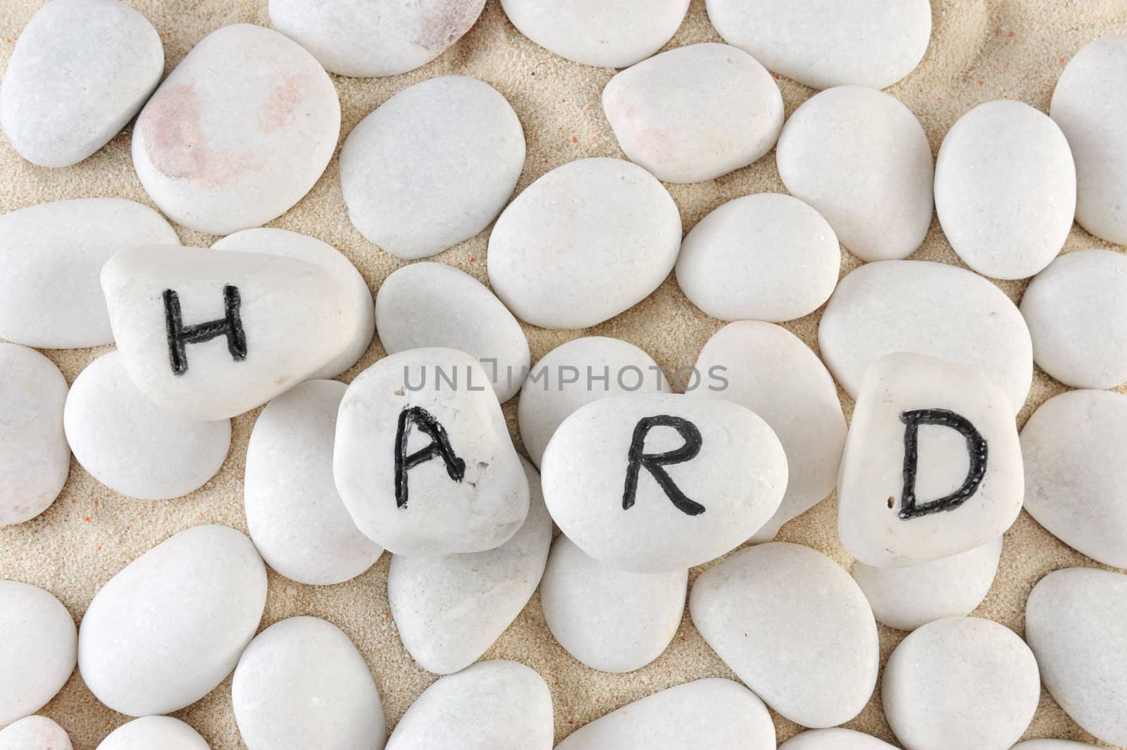 Hard word among group of stones on the sand