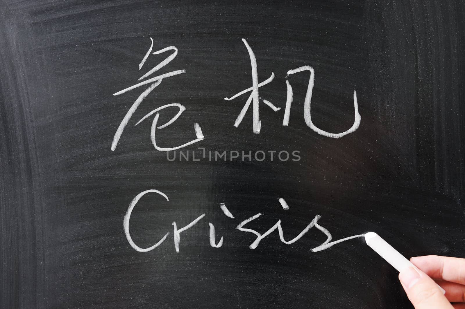 Bilingual crisis word in Chinese and English written on the blackboard