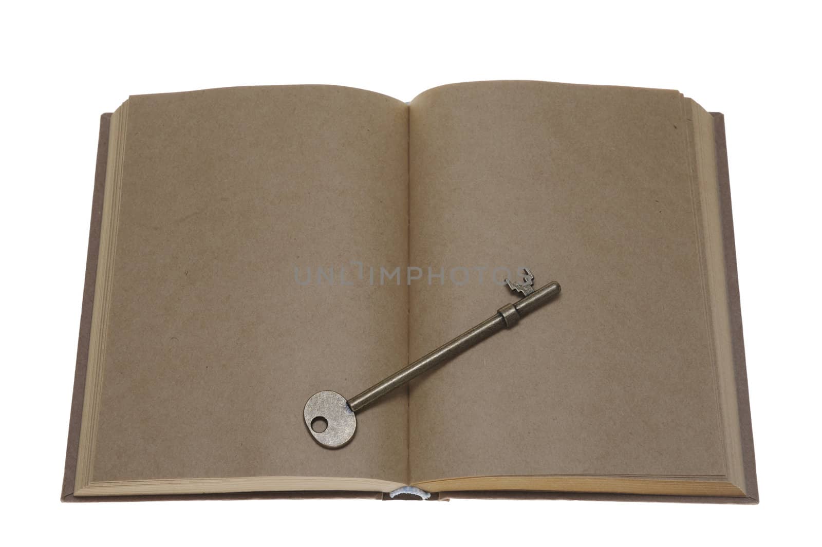 Opened old book with a key on the blank pages isolated on white background