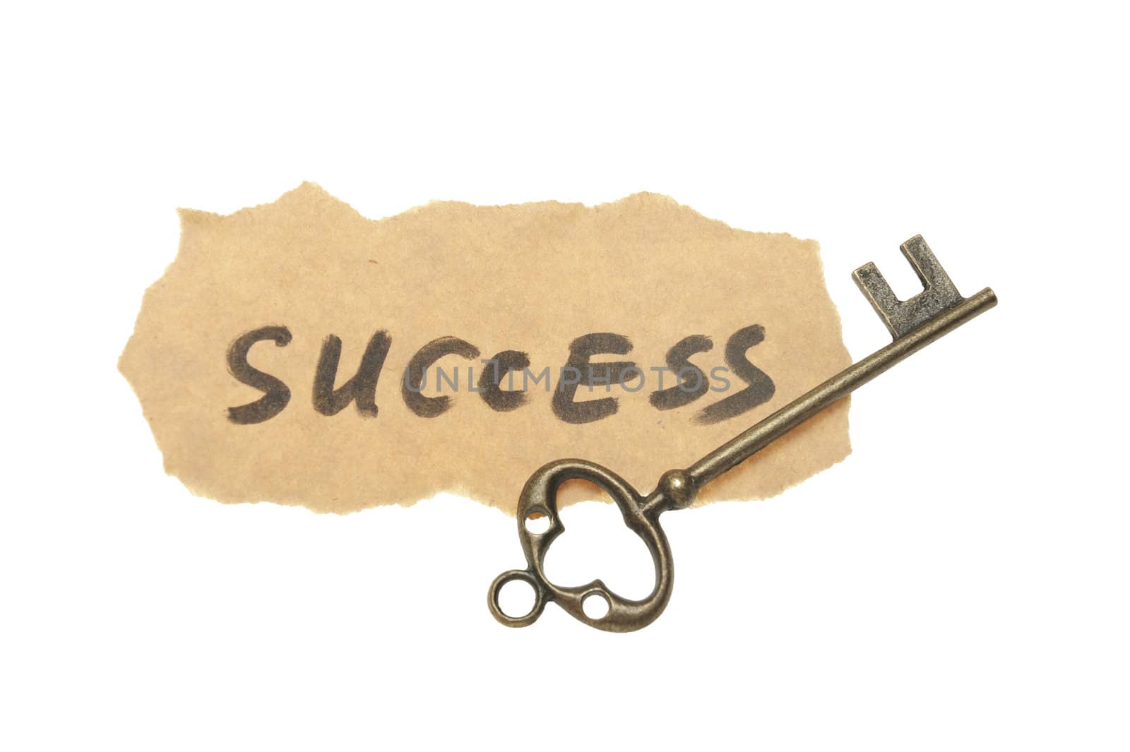 Old key and success words written on old paper