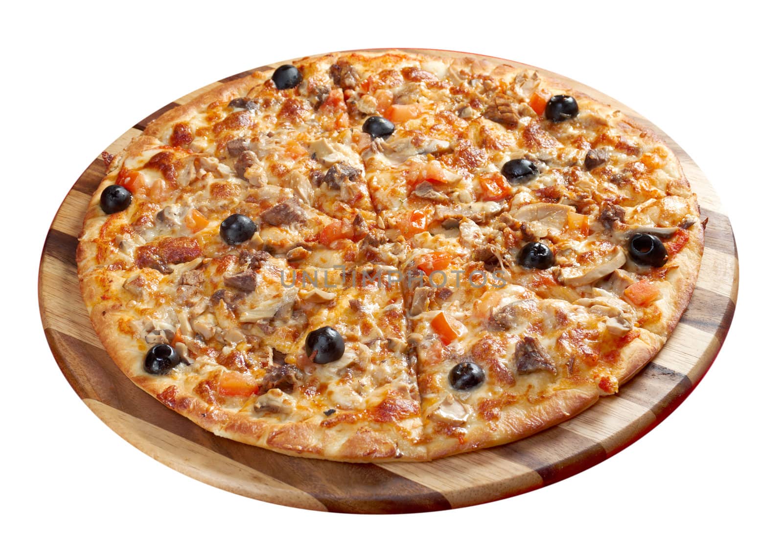 Pizza with ginger beef. italian kitchen. Studio