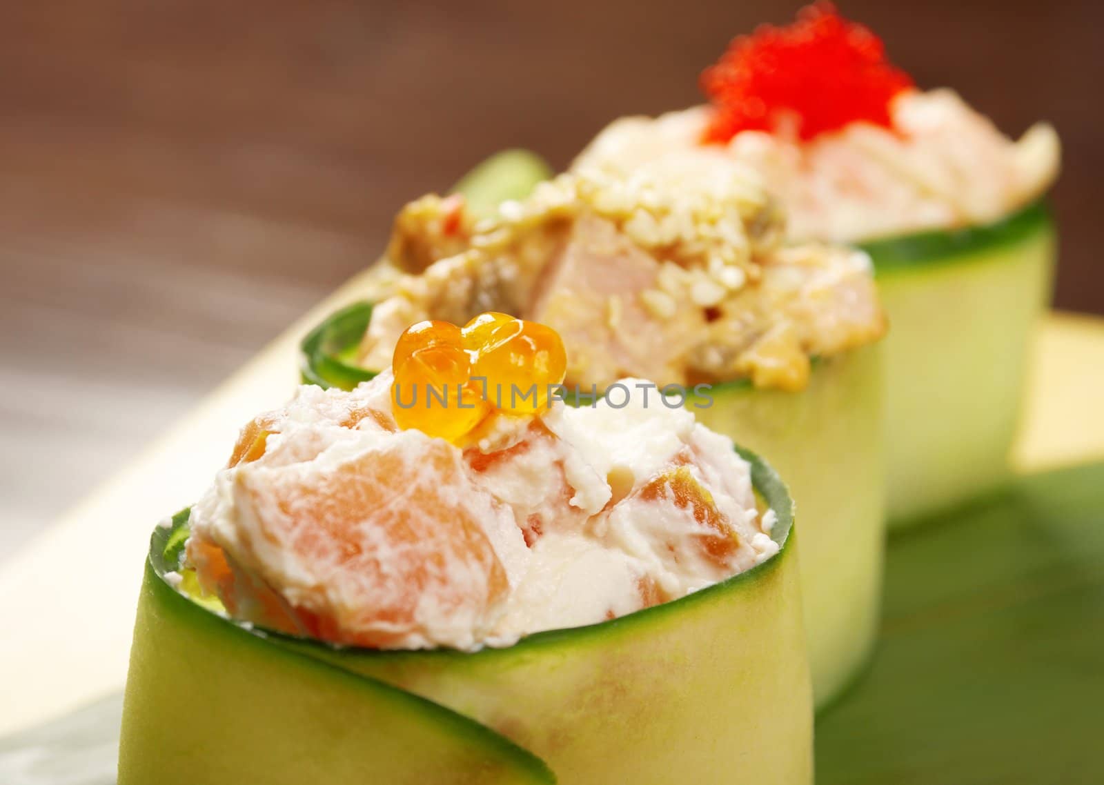 Japanese sushi  traditional japanese food.Roll made of Smoked fish , roe,cucumber