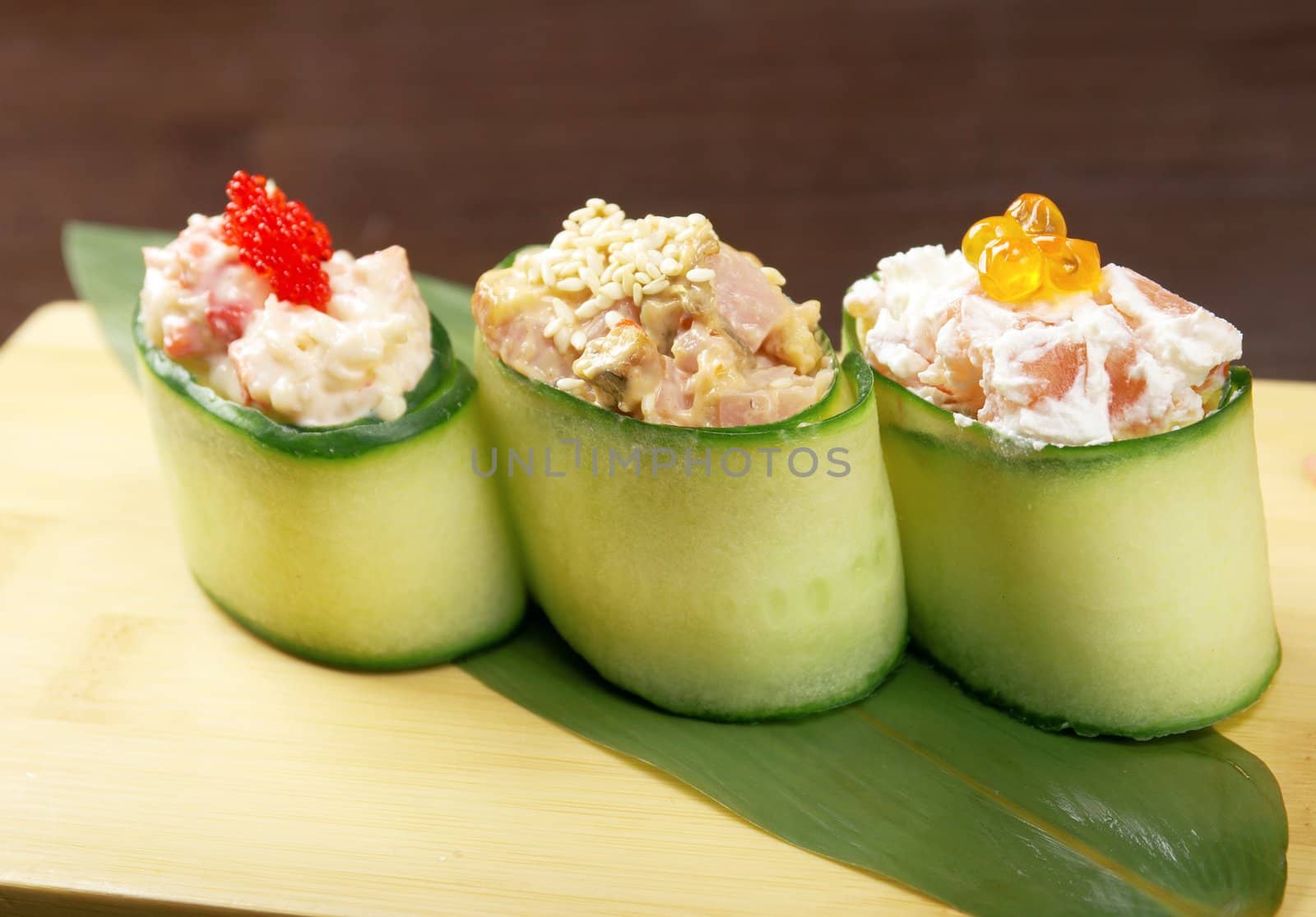 Japanese sushi  traditional japanese food.Roll made of Smoked fish , roe,cucumber