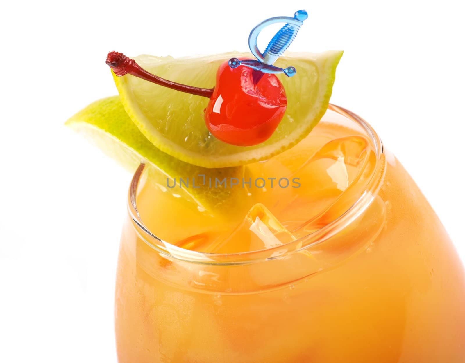 fruit cocktail  closeup isolated on white background.