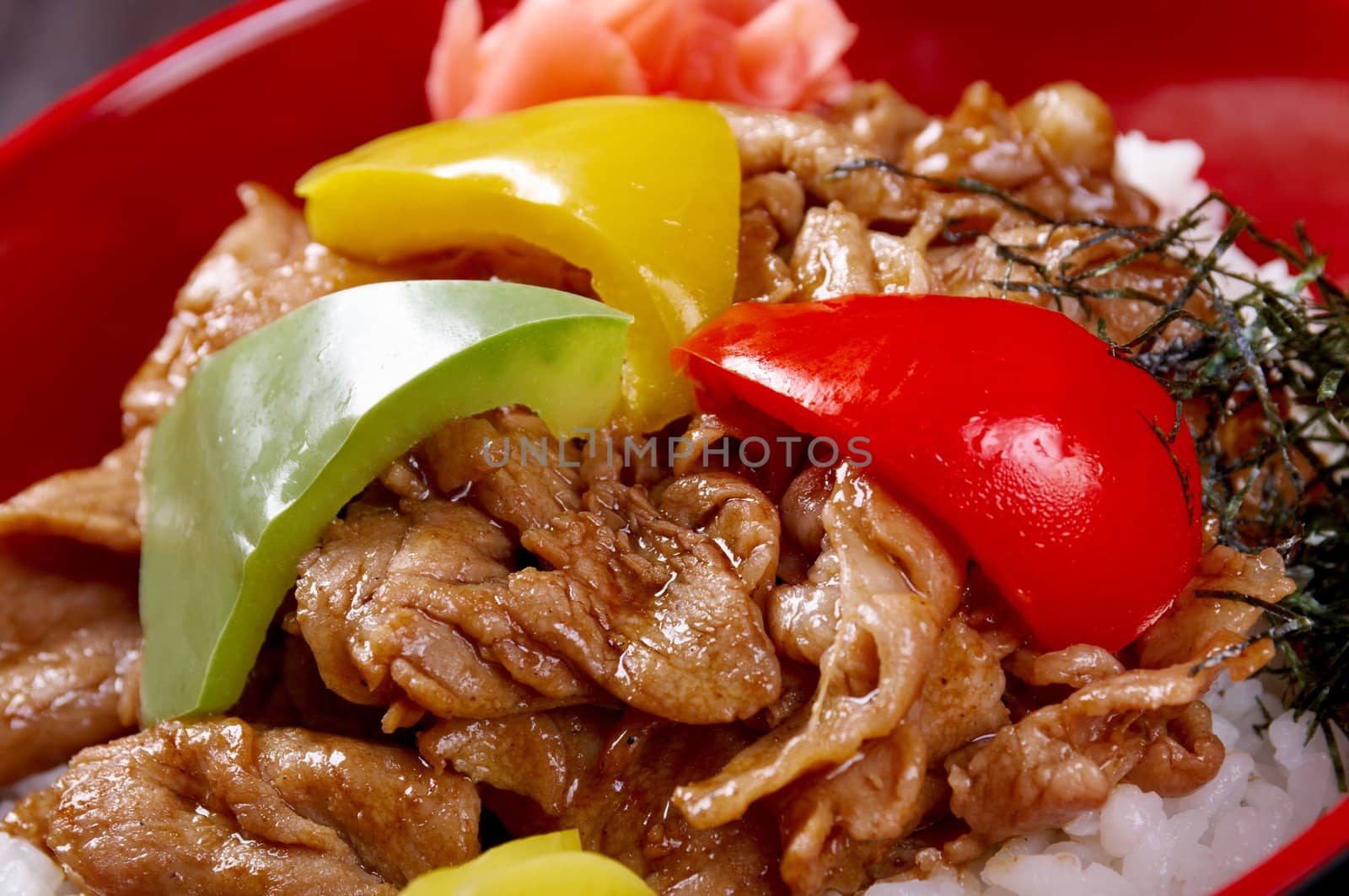 pork slice with rice and vegetable