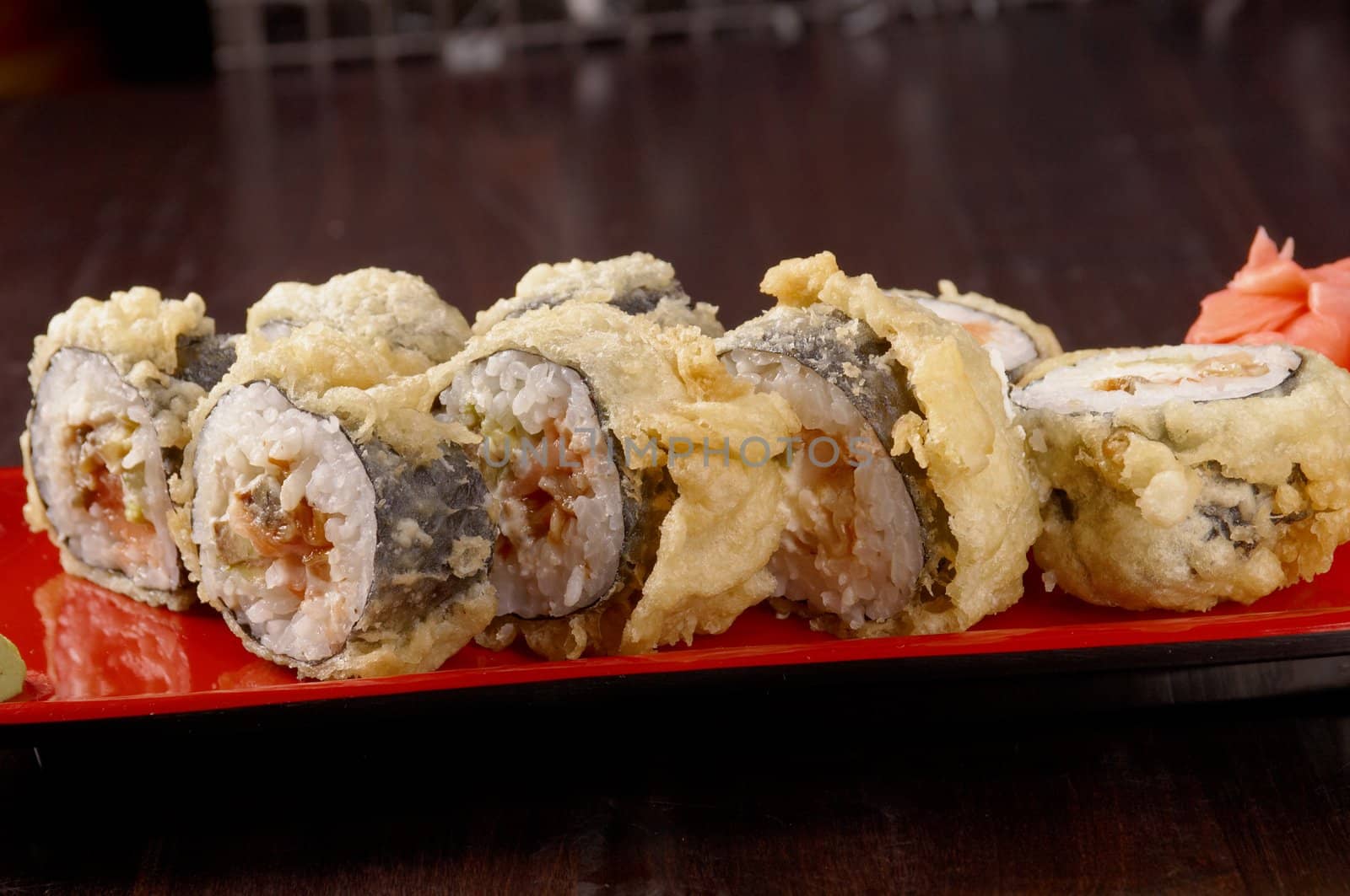 Japanese sushi . traditional japanese food .Roll made of roasted fish