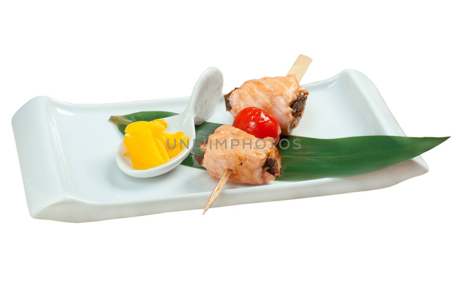 Japanese skewered  salmon  .closeup