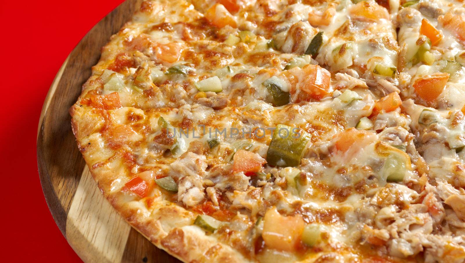 Pizza with smoked hen. italian kitchen. Studio