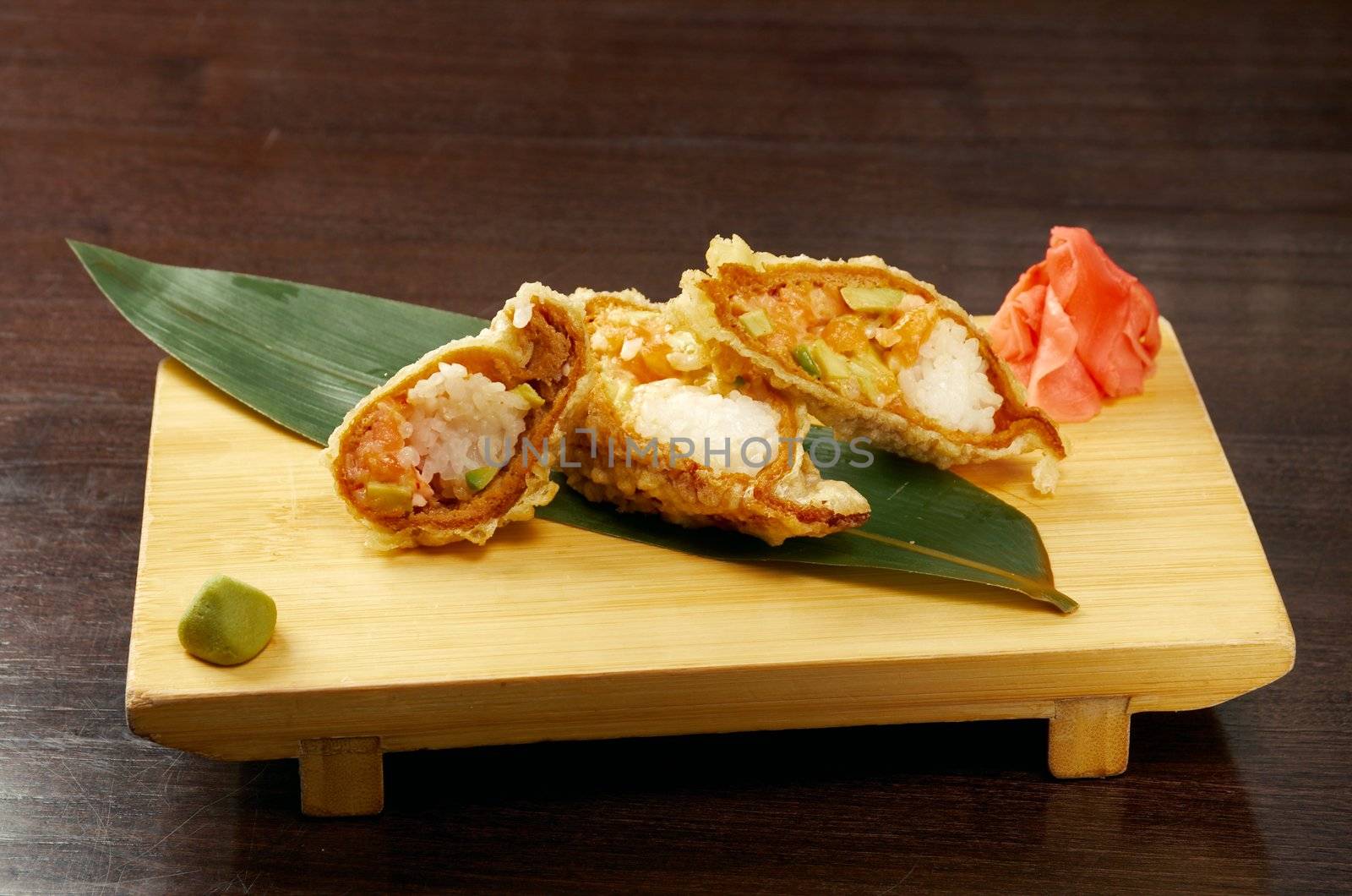 Tempura Maki Sushi - Roll made of Smoked Salmon, Smoked Eel