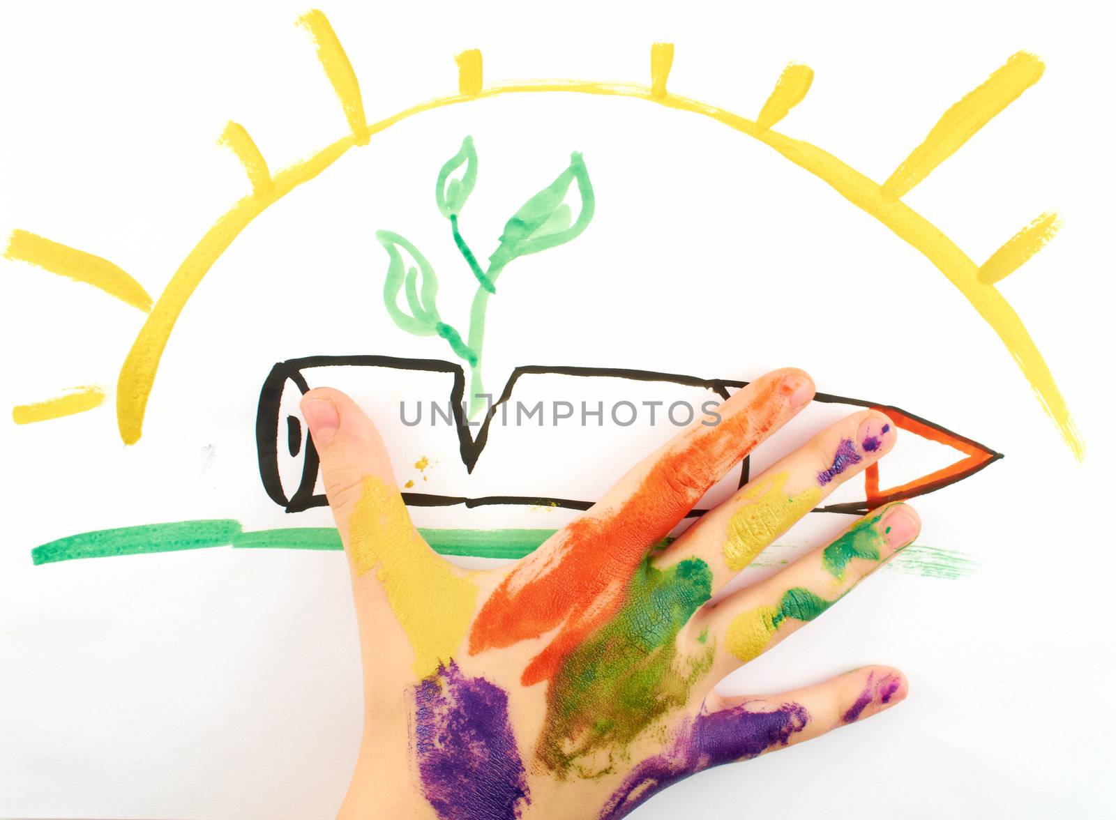 Child's hand on the background of a picture depicting the prohibition of war and rebirth