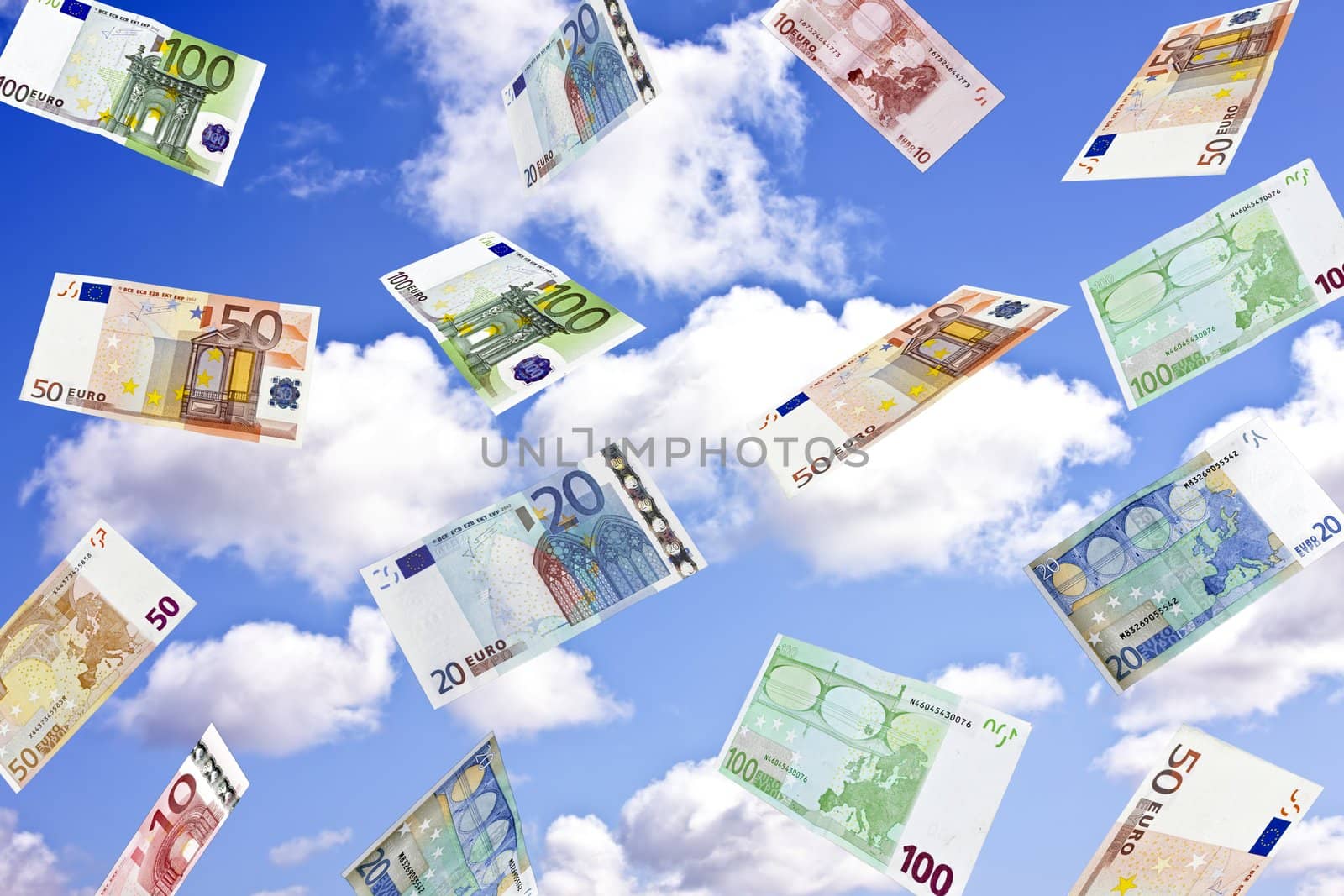 Euro biljets whirling in the sky