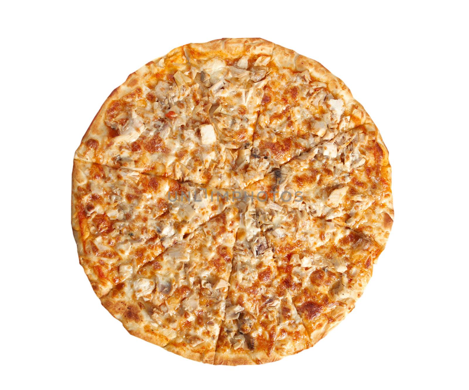 Pizza with chicken and mushroom. italian kitchen. Studio.isolated on white background. clipping Path 