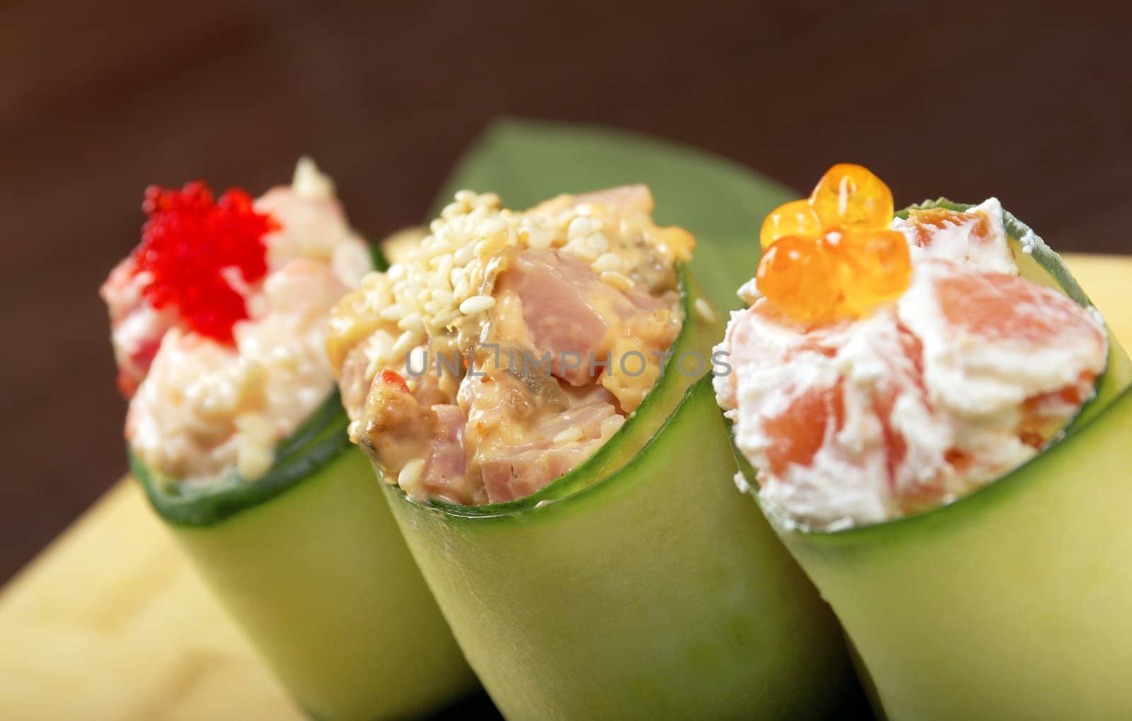 Japanese sushi  traditional japanese food.Roll made of Smoked fish , roe,cucumber