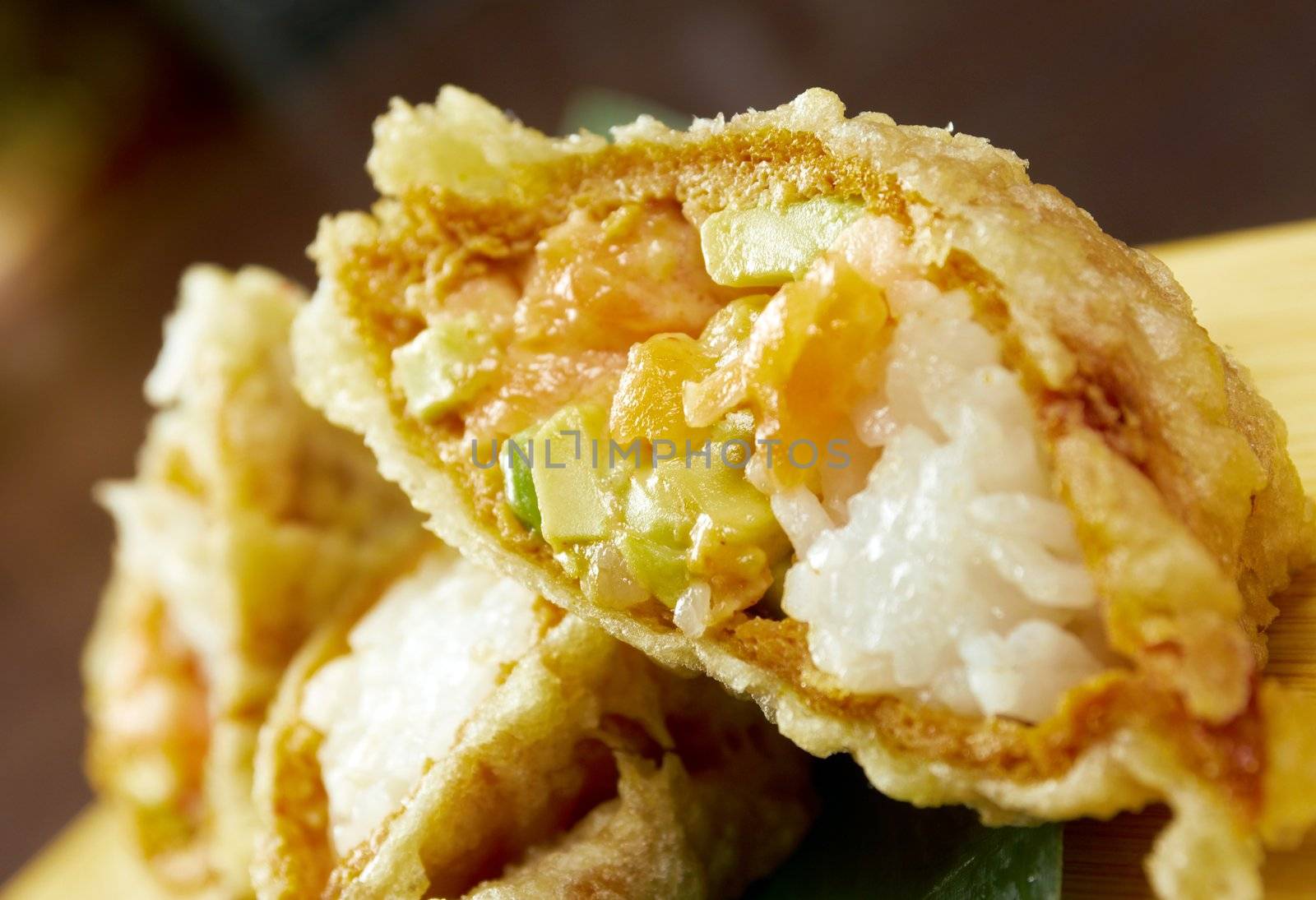 Tempura Maki Sushi - Roll made of Smoked Salmon, Smoked Eel