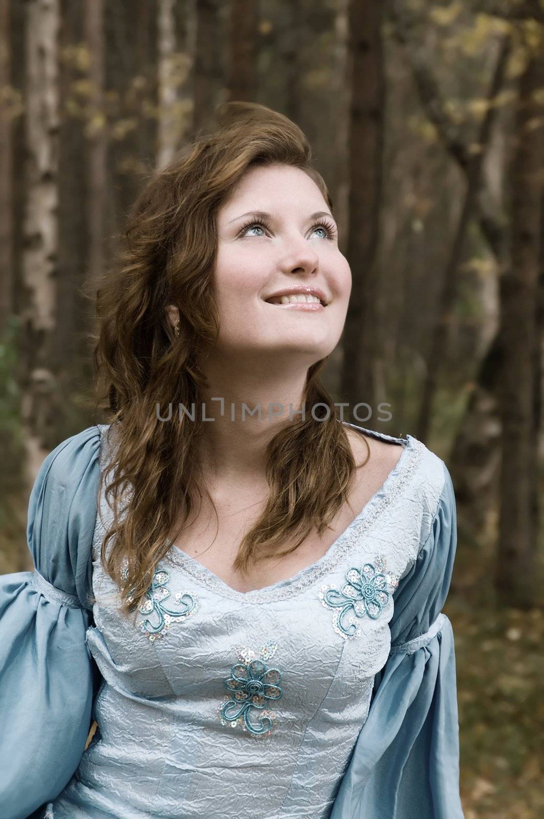 Very beautiful girl in medieval dress in autumn wood.