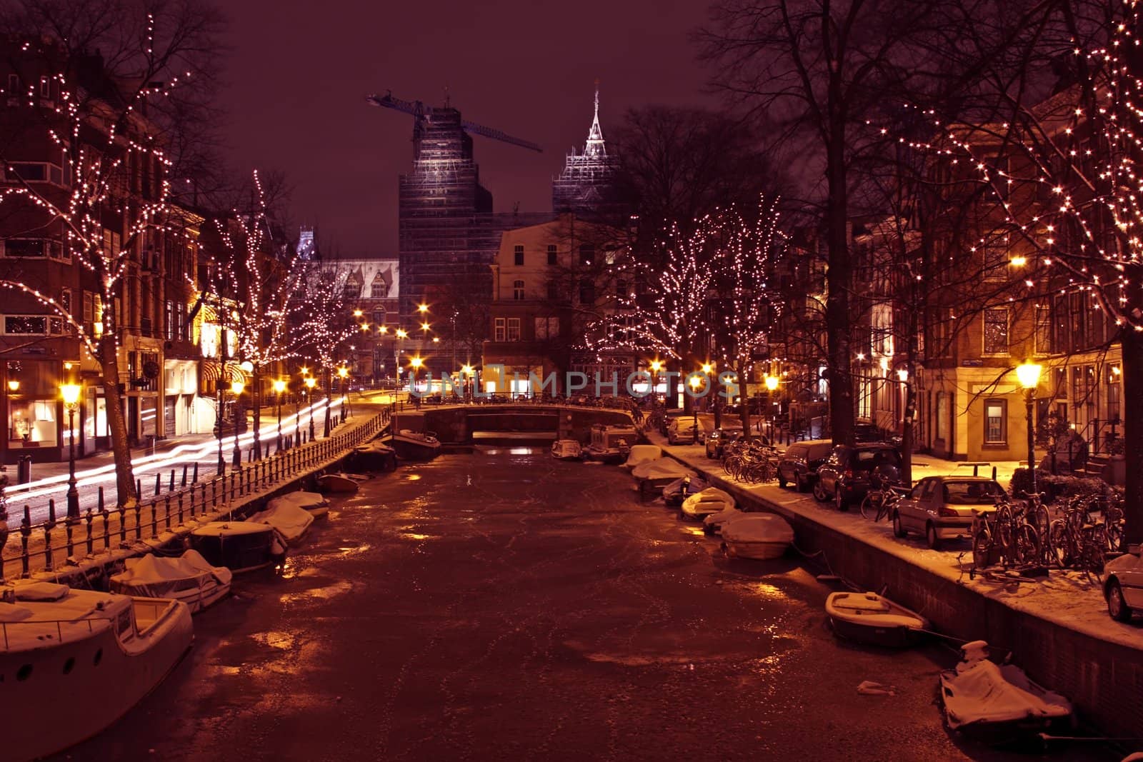 Newly restored medieval building Rijksmuseum in Amsterdam at night in the Netherlands at christmastime