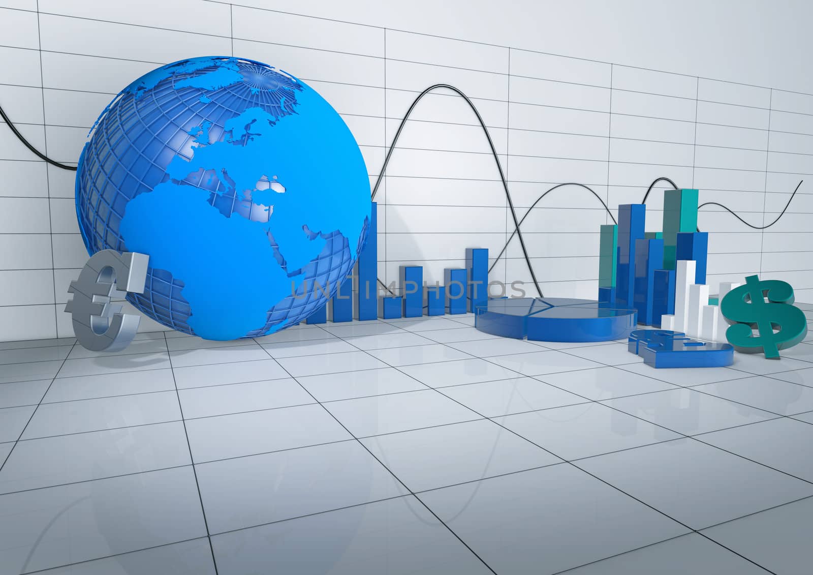3d Abstract Room with Economy Releated Objects on isolated white grid background