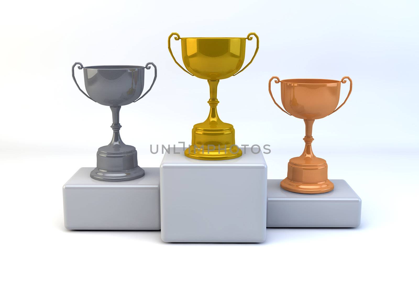 Winner concept with gold,silver and bronze trophies  on isolated white background