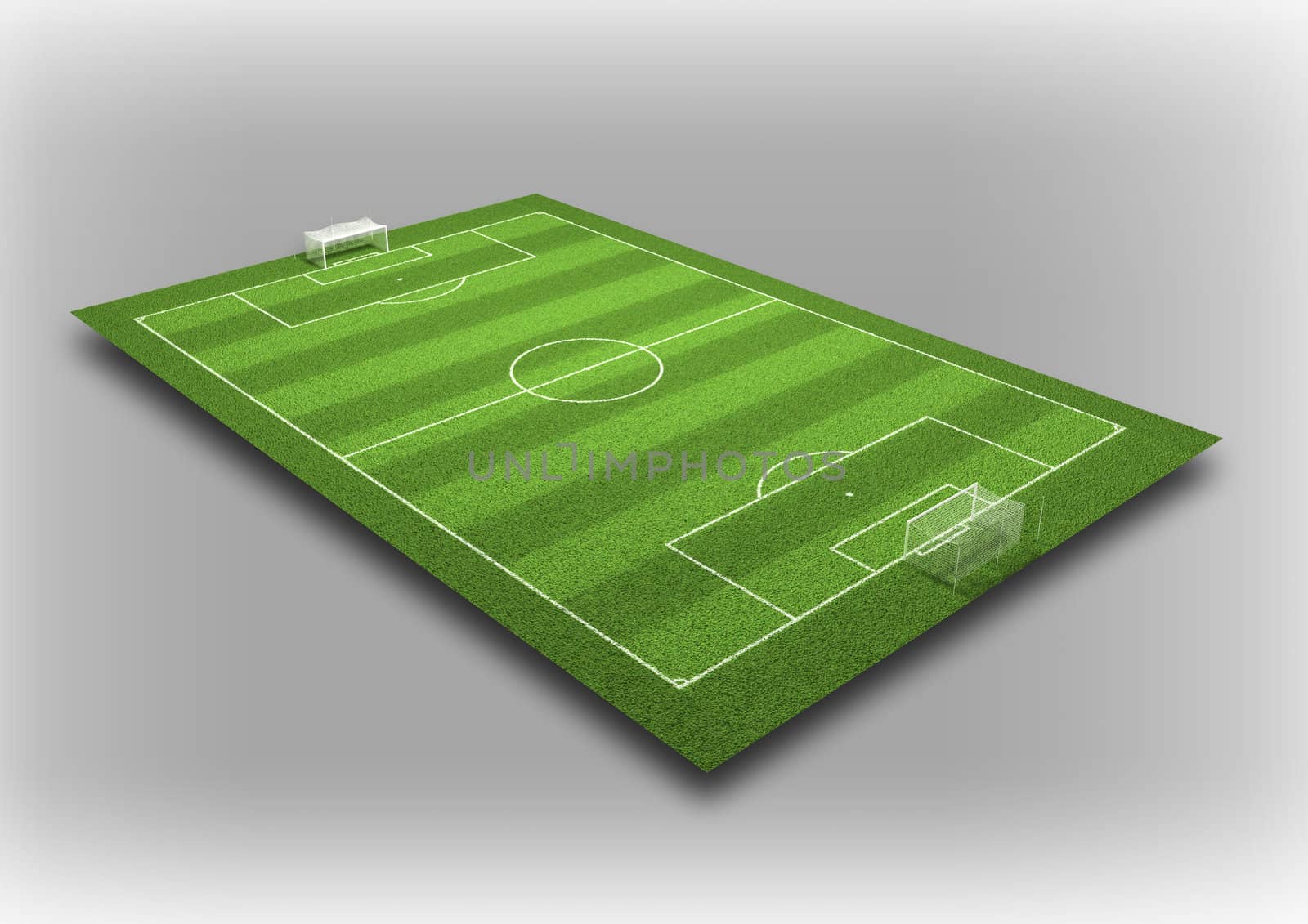 3d Illustration of Detailed Soccer Field on isolated grey background.