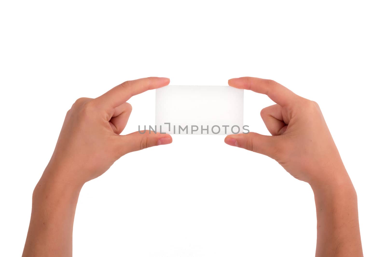 Woman Holding Blank Business Card with her both hands. Isolated on white background