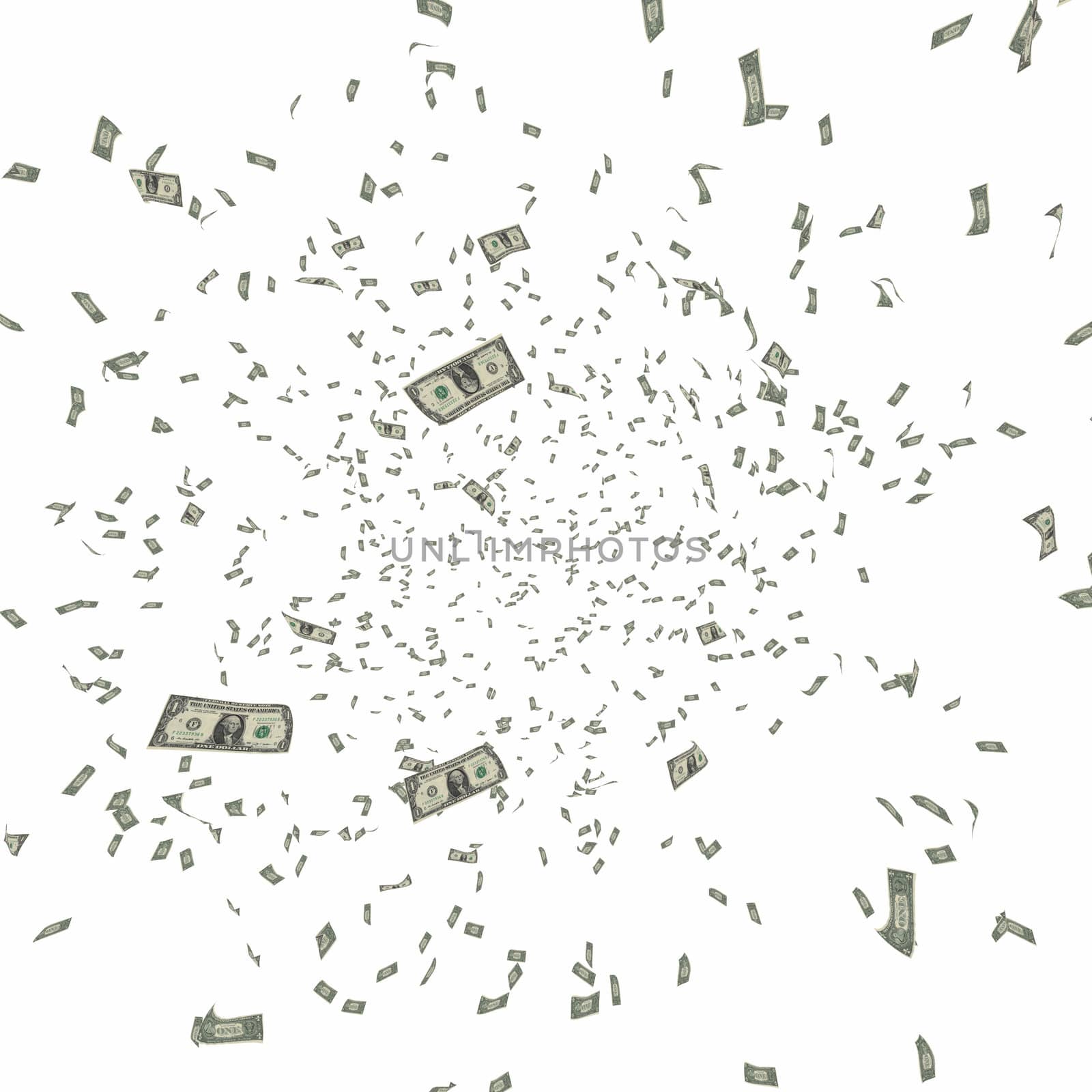 American Dollars Flying on white background - 3d Render, Illustration