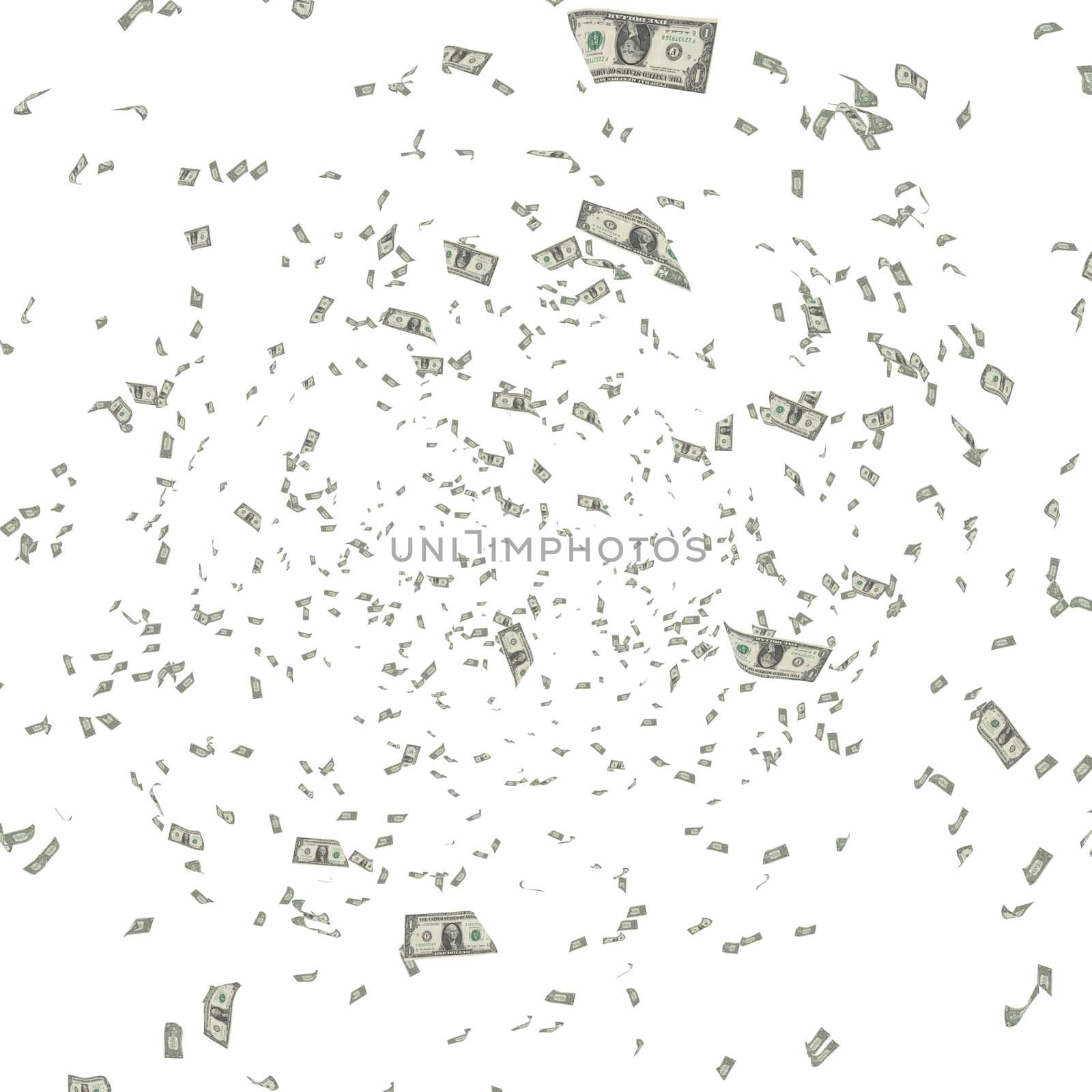 American Dollars Flying on white background - 3d Render, Illustration