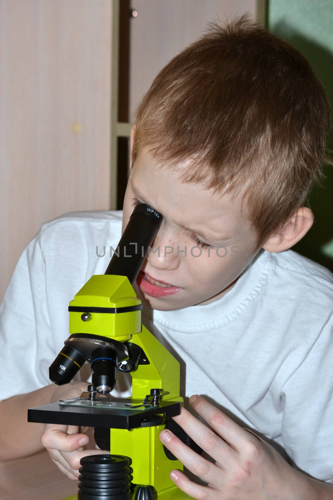 The boy looks in a microscope