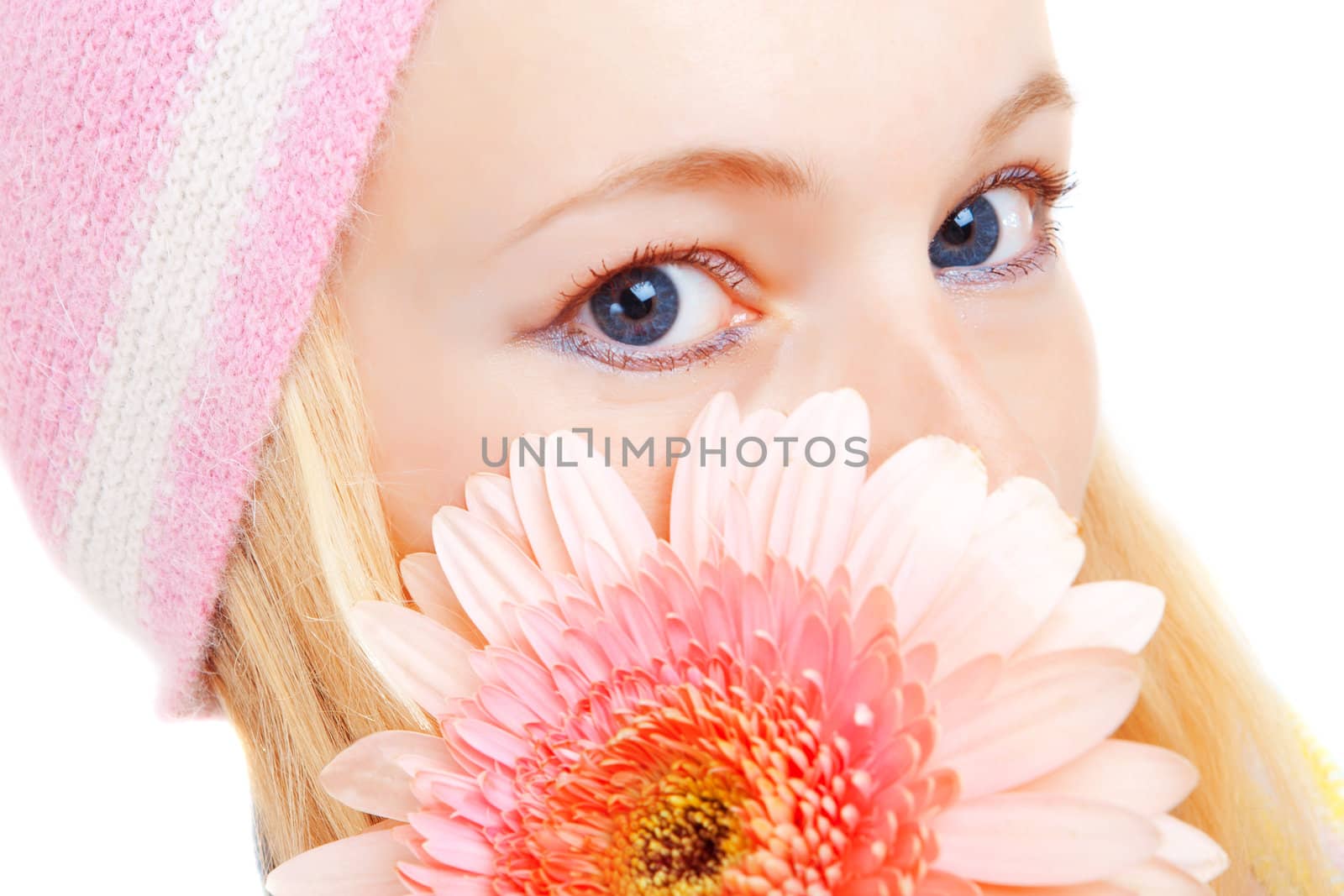 portrait of a young woman in cap with pink flower