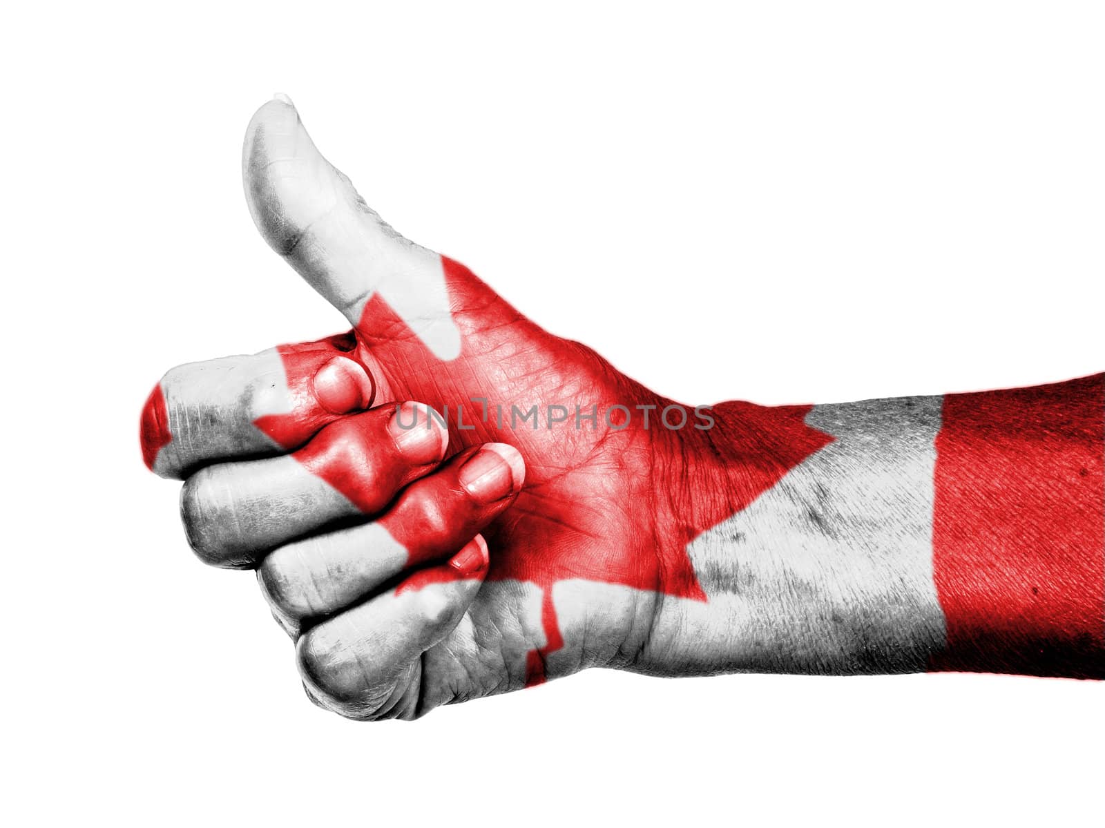 Old woman with arthritis giving the thumbs up sign, wrapped in flag pattern, Canada