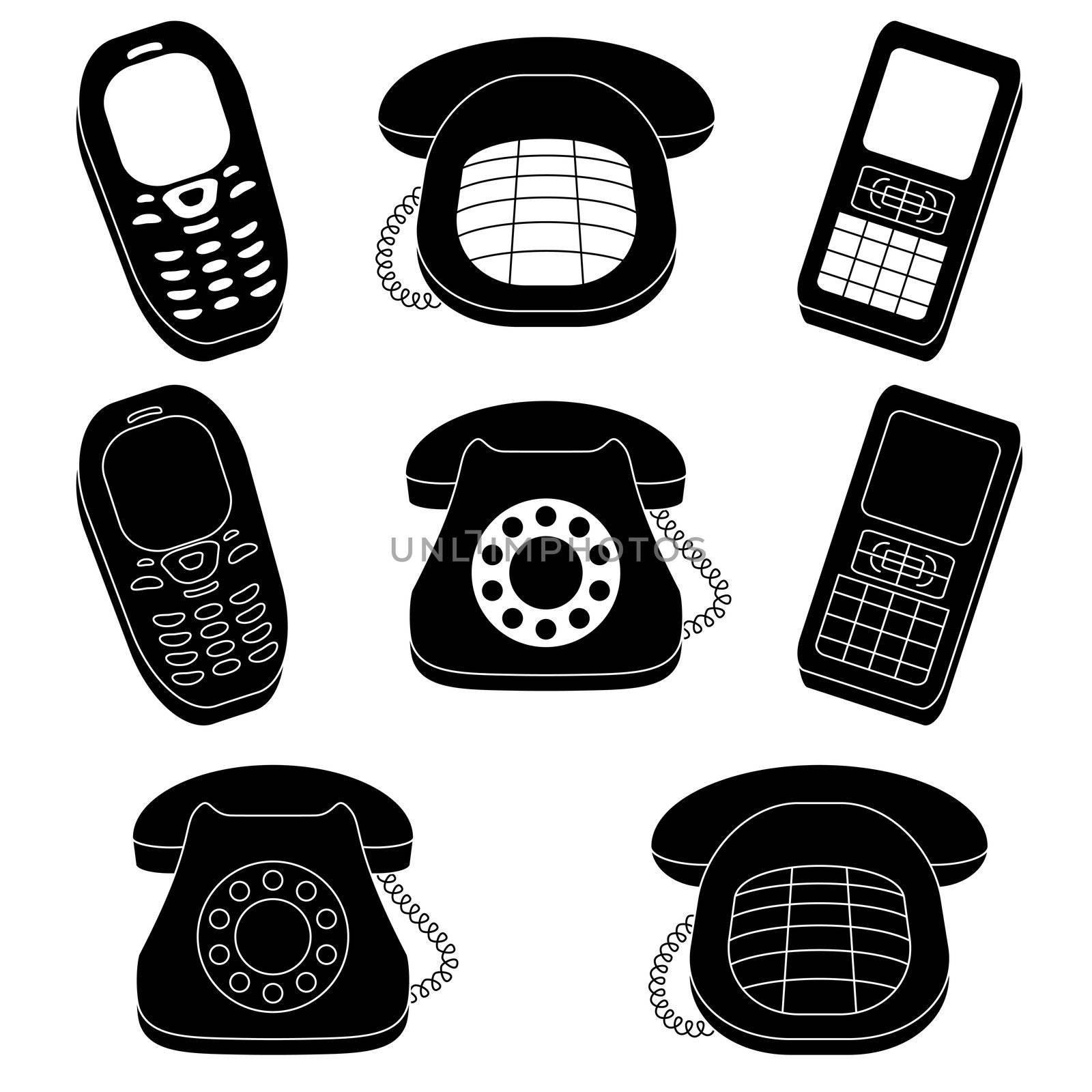 Set of phones, vintage and mobile, black silhouette on white background.