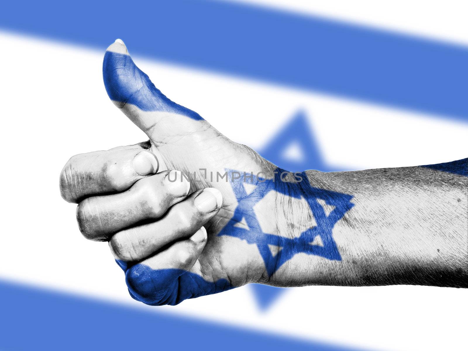 Old woman with arthritis giving the thumbs up sign, wrapped in flag pattern, Israel