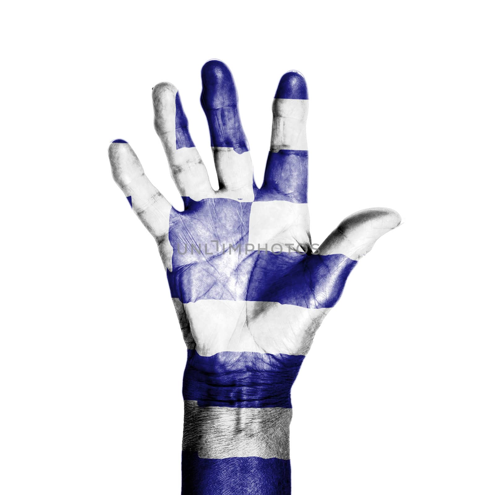 Hand of an old woman, wrapped with a pattern of the flag of Greece, isolated on white
