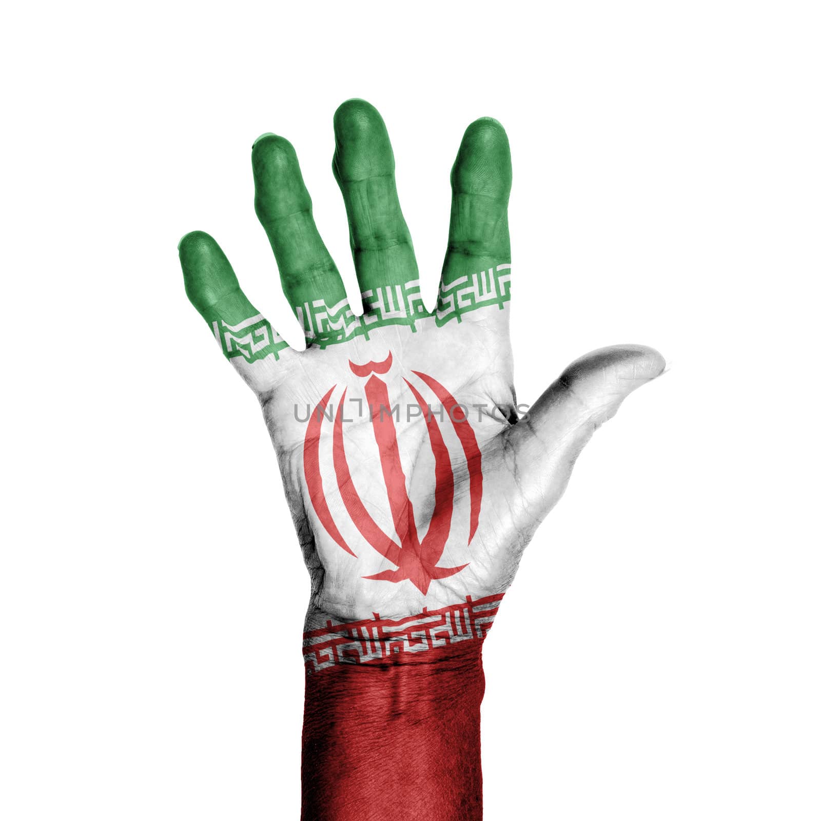 Hand of an old woman, wrapped with a pattern of the flag of Iran by michaklootwijk