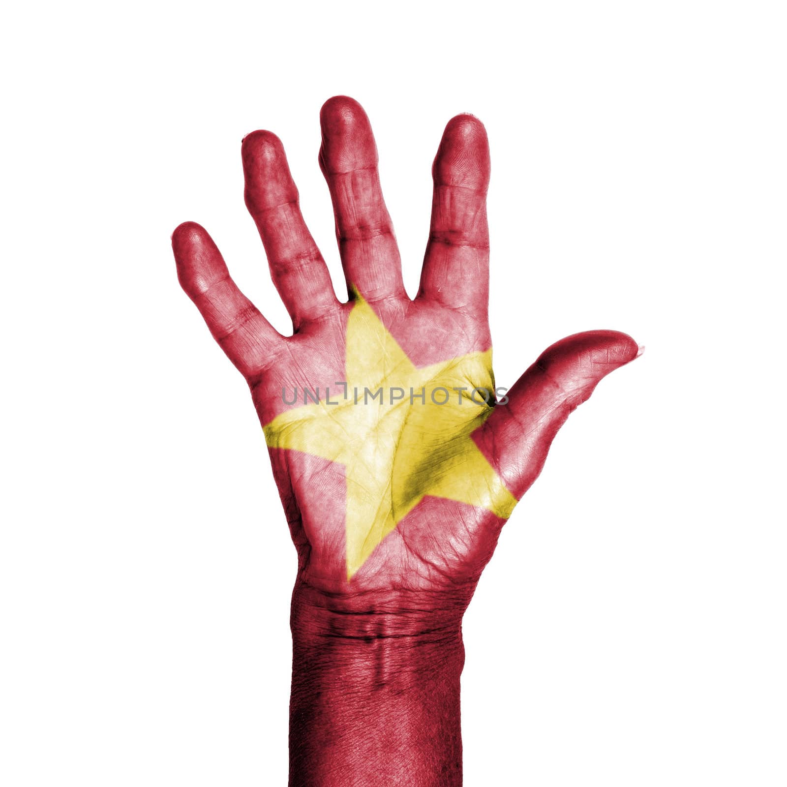 Hand of an old woman, wrapped with a pattern of the flag of Viet by michaklootwijk