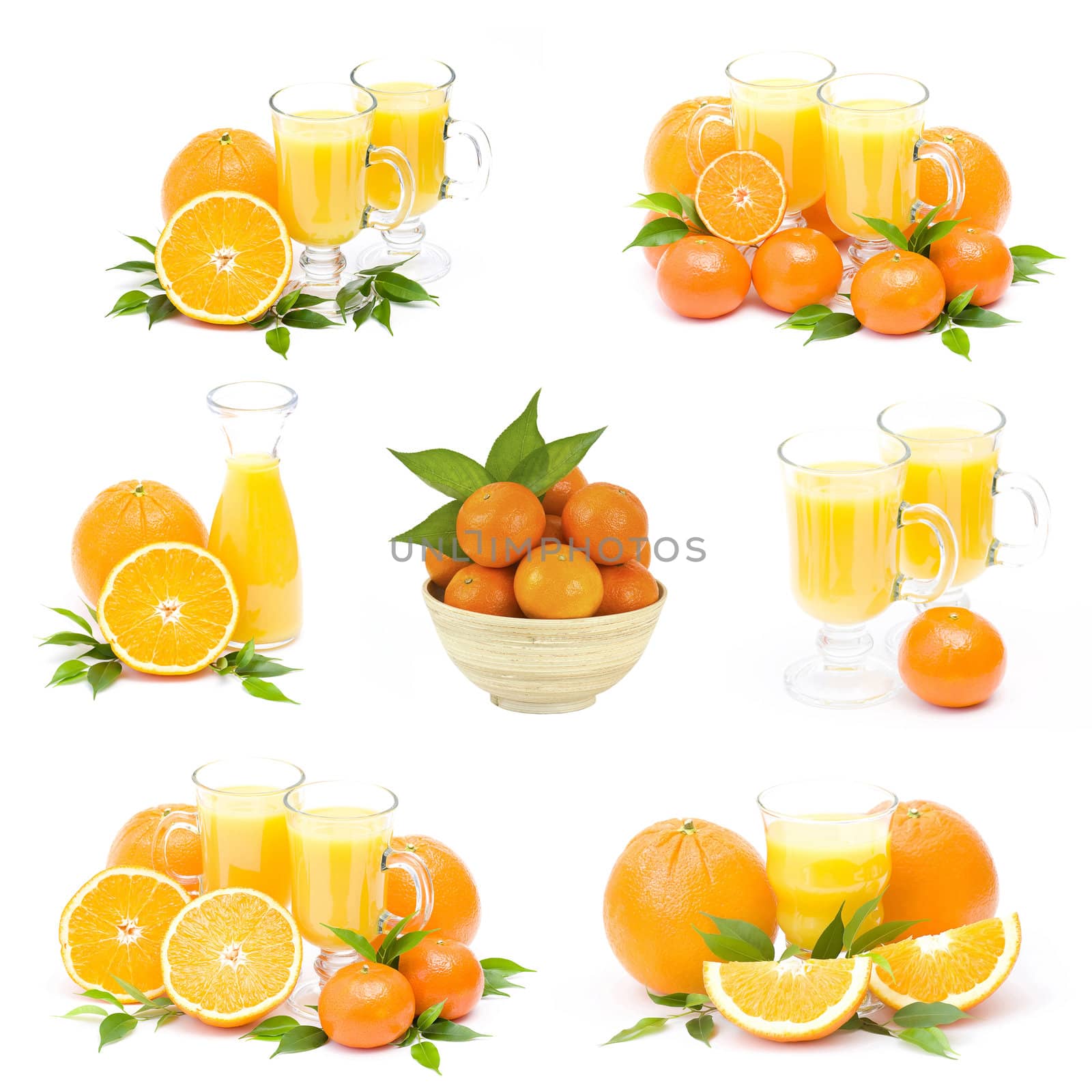 orange juice and fresh fruits - collage by miradrozdowski