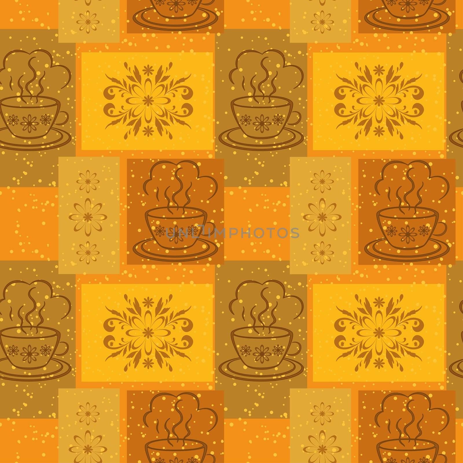 Seamless background, cups with a hot drink and rectangles with floral pattern.