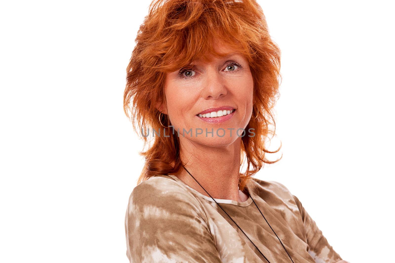 happy adult woman with red hair perfect teeth and big smile isolated on white background