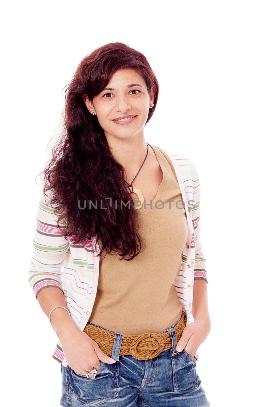 brunette woman in casual outfit is smiling portrait isolated on white background
