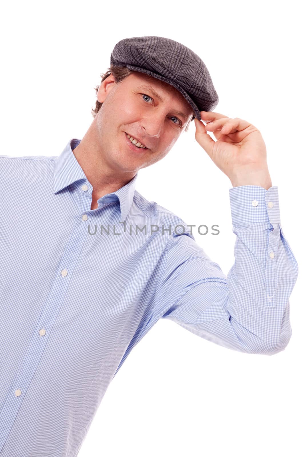 man in casual business outfit and hat isolated on white background